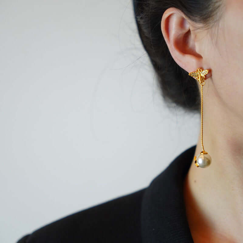 Dainty Bumble Bee Pearl Drop Earrings for Women - Elegant Gold Plated Dangle Earrings with Freshwater Pearls | Perfect for Weddings, Parties & Everyday Wear (DMS271)