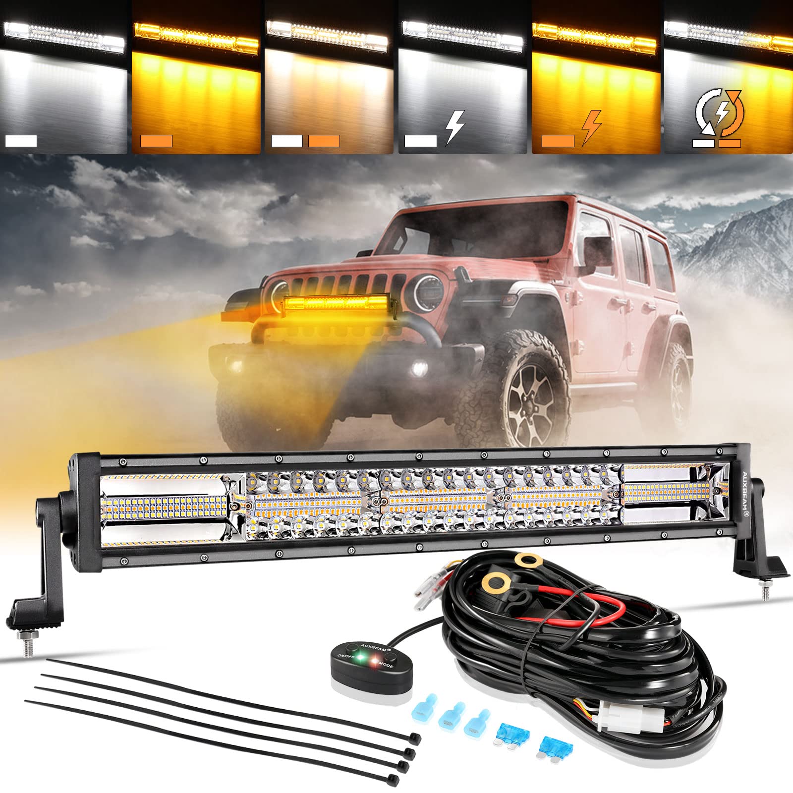 Auxbeam 22 Inch 120W LED Light Bar - 6 Modes (Amber/White Strobe/Fog) with Memory Reset - Spot Flood Combo for Offroad Trucks, Cars & ATVs - Perfect for Night Driving, Work Lighting & Ditch Illumination