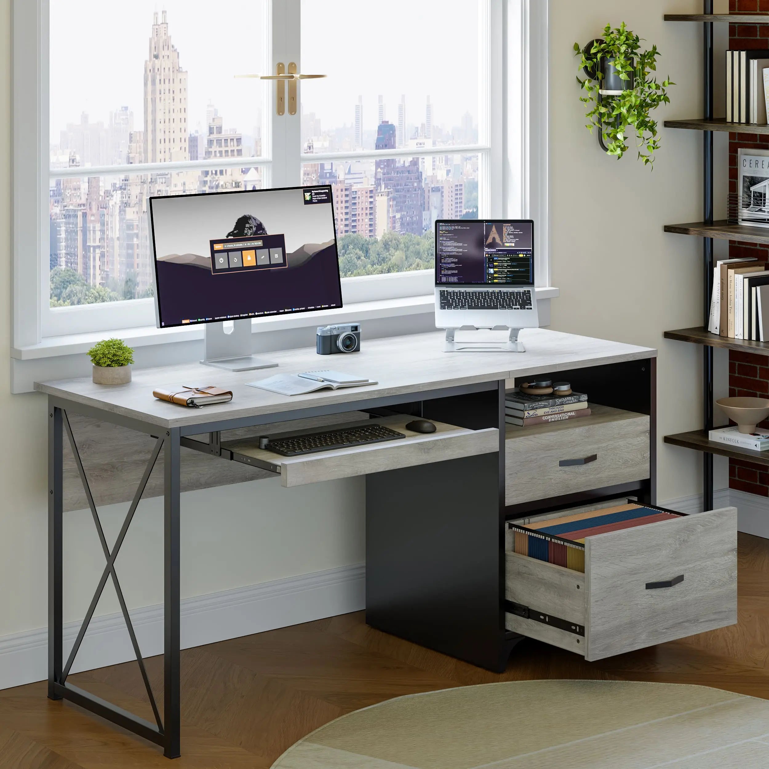 Bestier 55 Inch Industrial Office Computer Desk with Storage Shelf - Modern L-Shaped Writing Desk for Home Office, Gaming & Study - Sturdy Metal Frame Workstation with Drawers & Open Storage Space