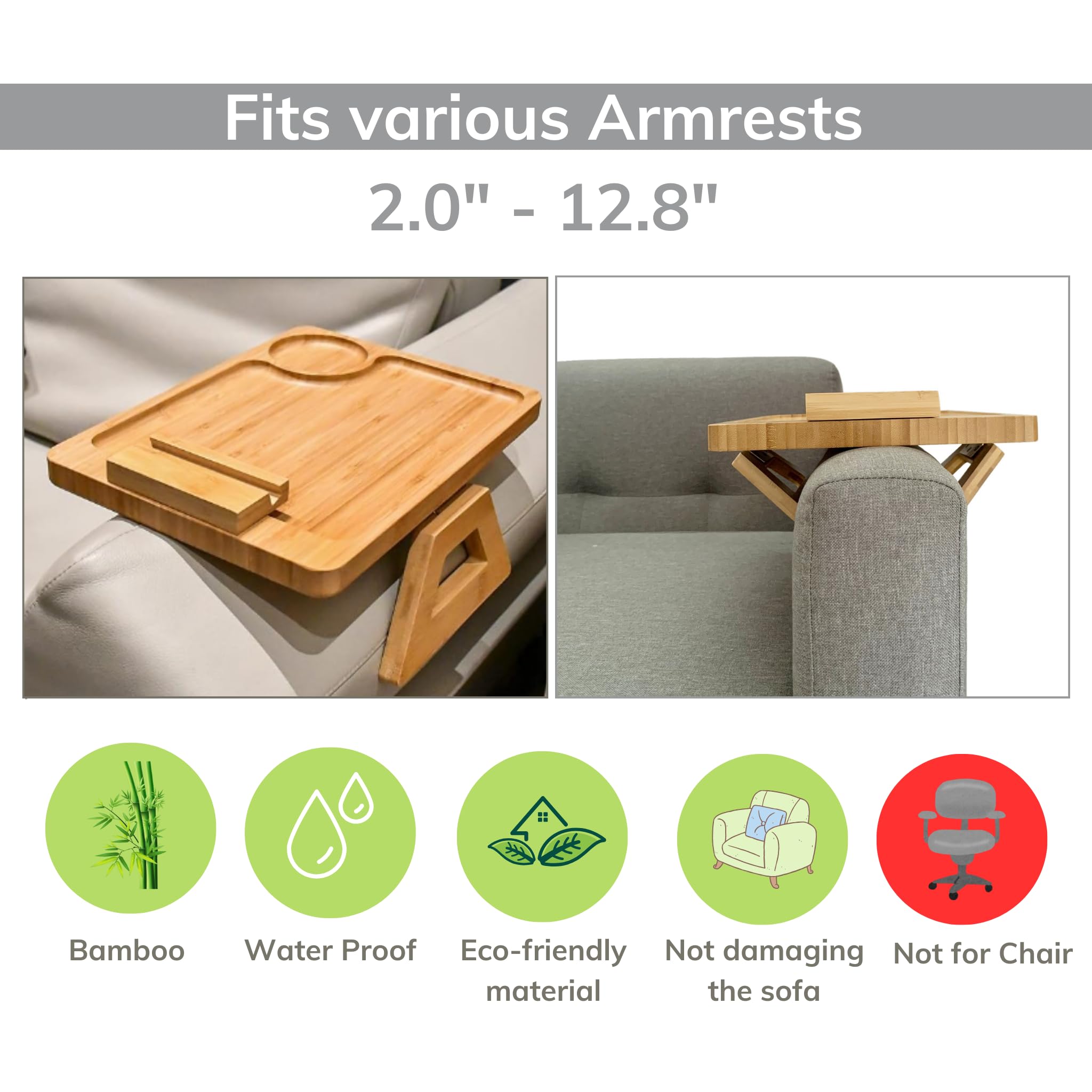 360° Rotating Bamboo Sofa Armrest Tray - Foldable Clip-On Side Table for Wide Couches with Phone Holder (Natural, 15.8 Inch) - Perfect for Living Room Snacking, Laptop Work & Movie Nights