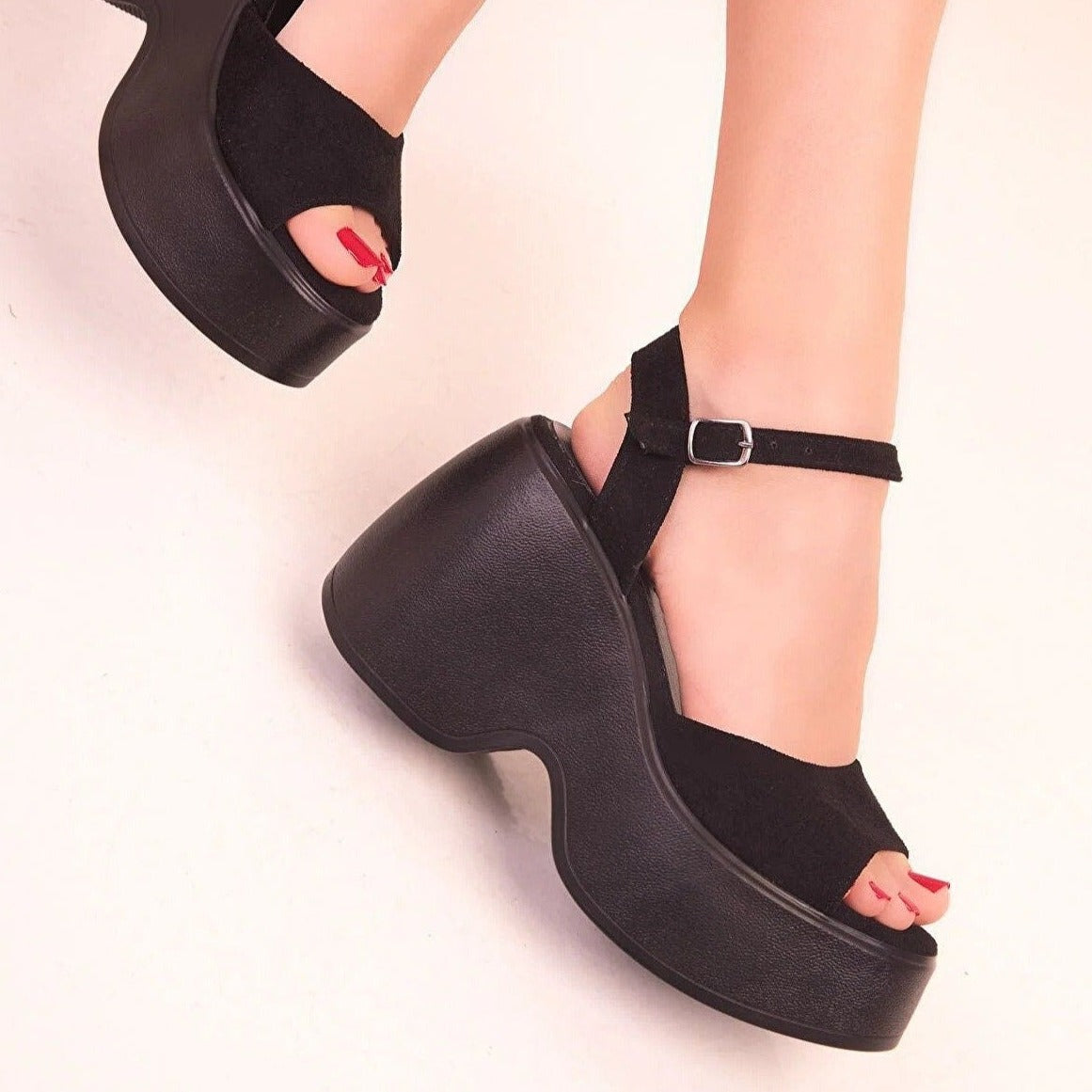 Black Suede Wedge Heels for Women - Comfortable & Stylish Barb-Inspired Shoes for Casual Outings, Date Nights & Office Wear