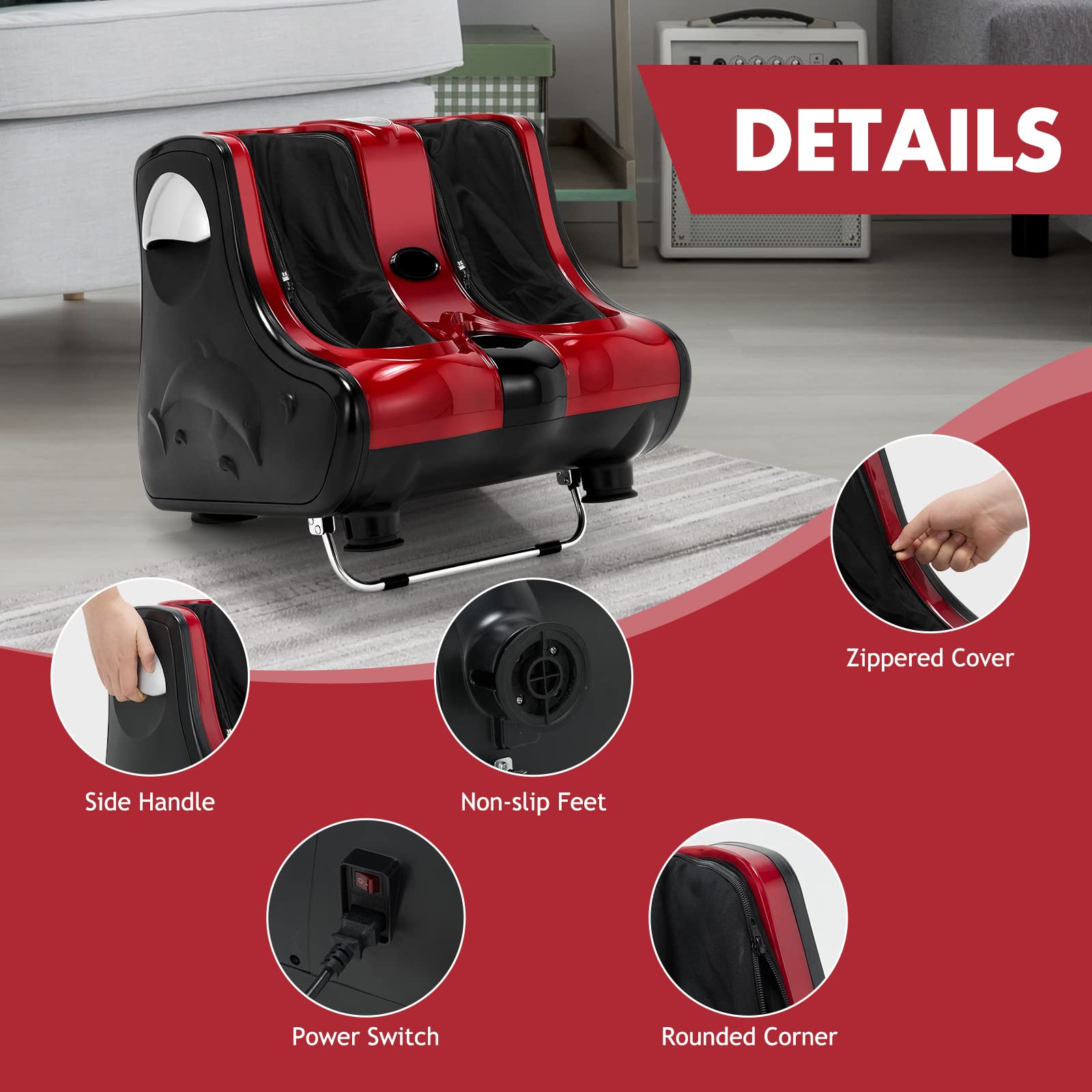 RELAX4LIFE Shiatsu Foot and Calf Massager with Heating - Kneading, Vibration & Rolling Massage Machine for Pain Relief - Adjustable Speed & Tilt Base - Perfect for Home, Office and Post-Workout Relaxation (Red)