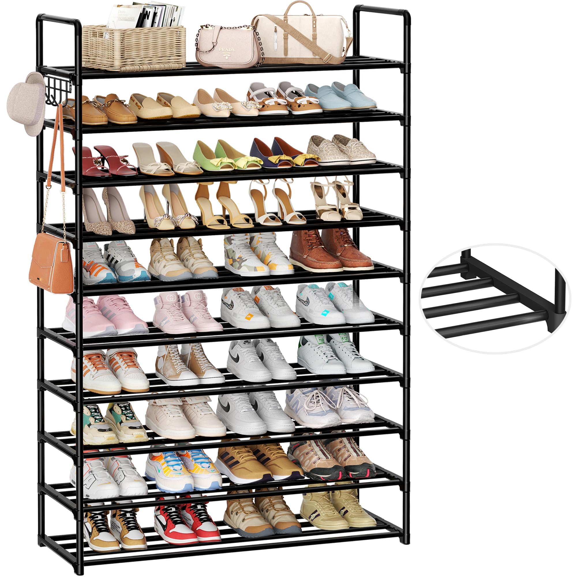 10-Tier Shoe Organizer - Large Metal Shoe Rack with Hooks Holds 40-50 Pairs | Space-Saving Closet Storage | Perfect for Entryway, Bedroom, Garage & Dorm Organization | Heavy Duty Shoe Shelf for Sneakers, Boots & Heels