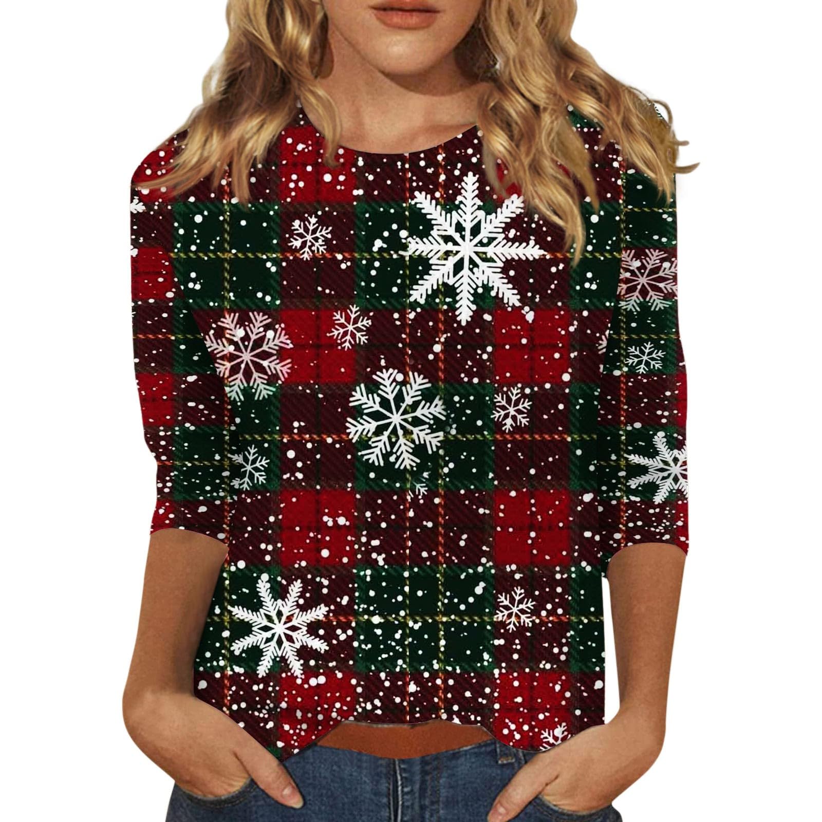 NAMTYQX Women's Christmas Tops - 3/4 Sleeve Crewneck Loose T-Shirt, Plus Size Holiday Printed Blouse (Xmas Gift for Her) - Perfect for Office Parties, Family Gatherings & Festive Celebrations