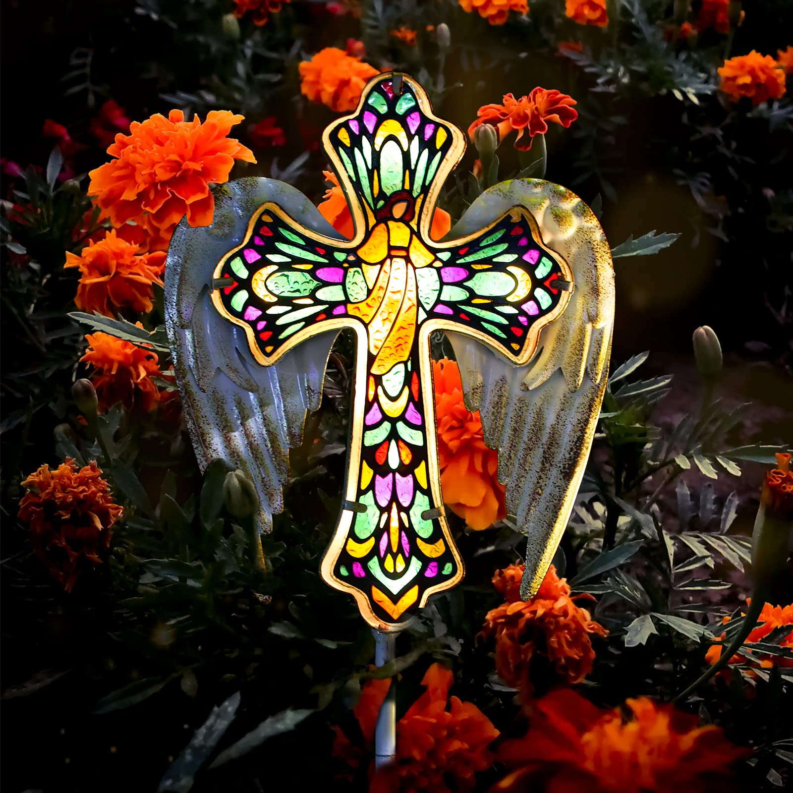 Solar Glass Cross Garden Stake Light - Outdoor Cemetery Decor, Jesus Cross Angel Wings Memorial Gifts for Graves - Perfect for Easter, Halloween, Garden, Lawn, Yard & Patio Decor - Creates Peaceful Ambiance for Memorials & Evening Gatherings