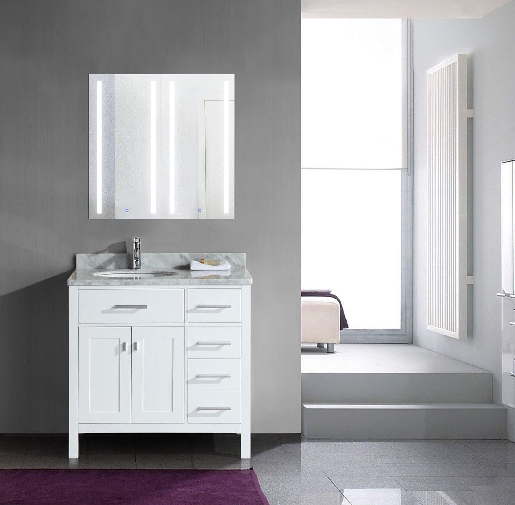 Krugg Kinetic 30x30 Inch LED Bathroom Mirror Medicine Cabinet with Adjustable Dimmer & Anti-Fog Defogger - Perfect for Modern Bathrooms, Vanities, and Spa-Like Home Decor