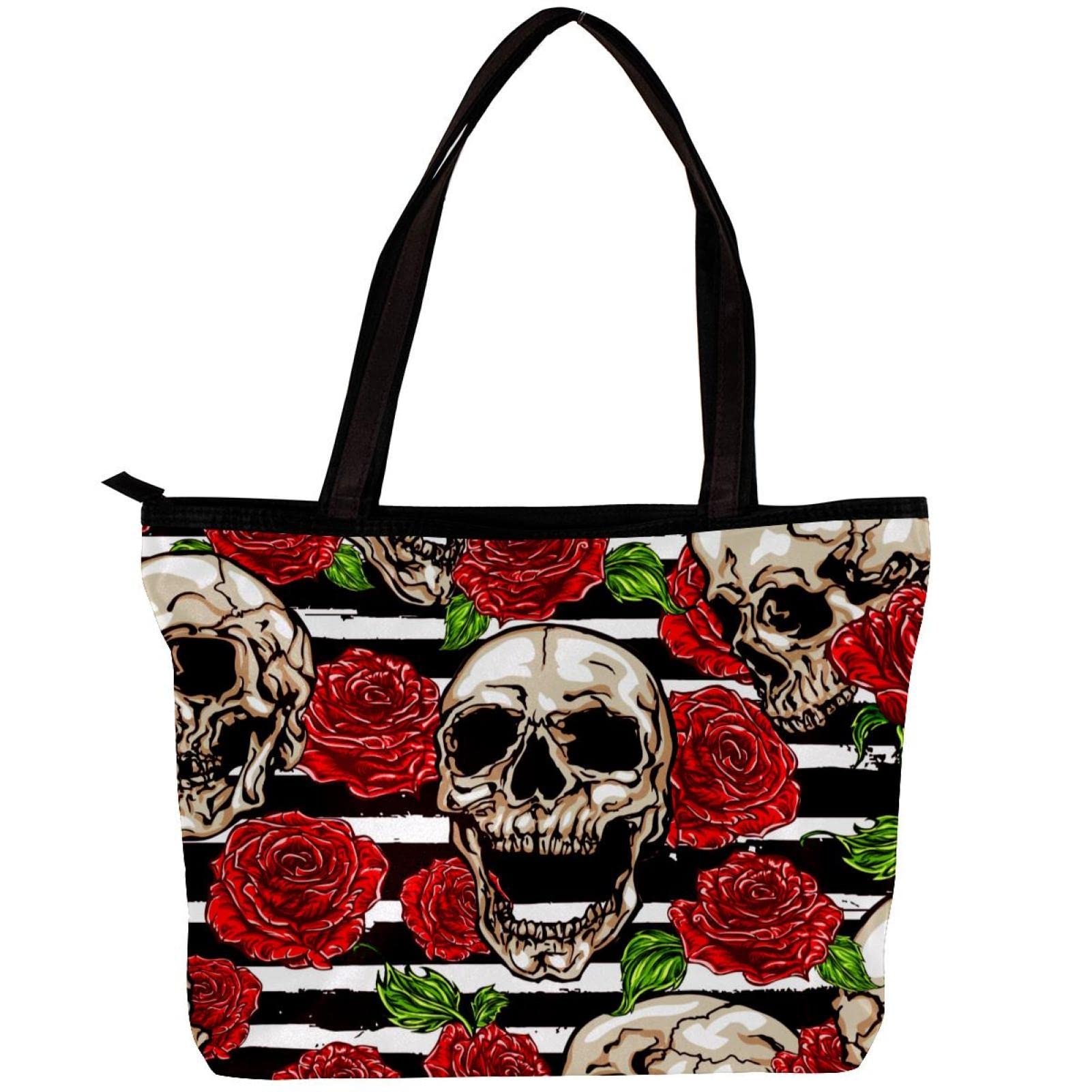 Sugar Skull Rose Pattern Tote Bag for Women - Stylish Striped Shoulder Bag with Inner Pouch | Perfect for Shopping, Beach & Everyday Use