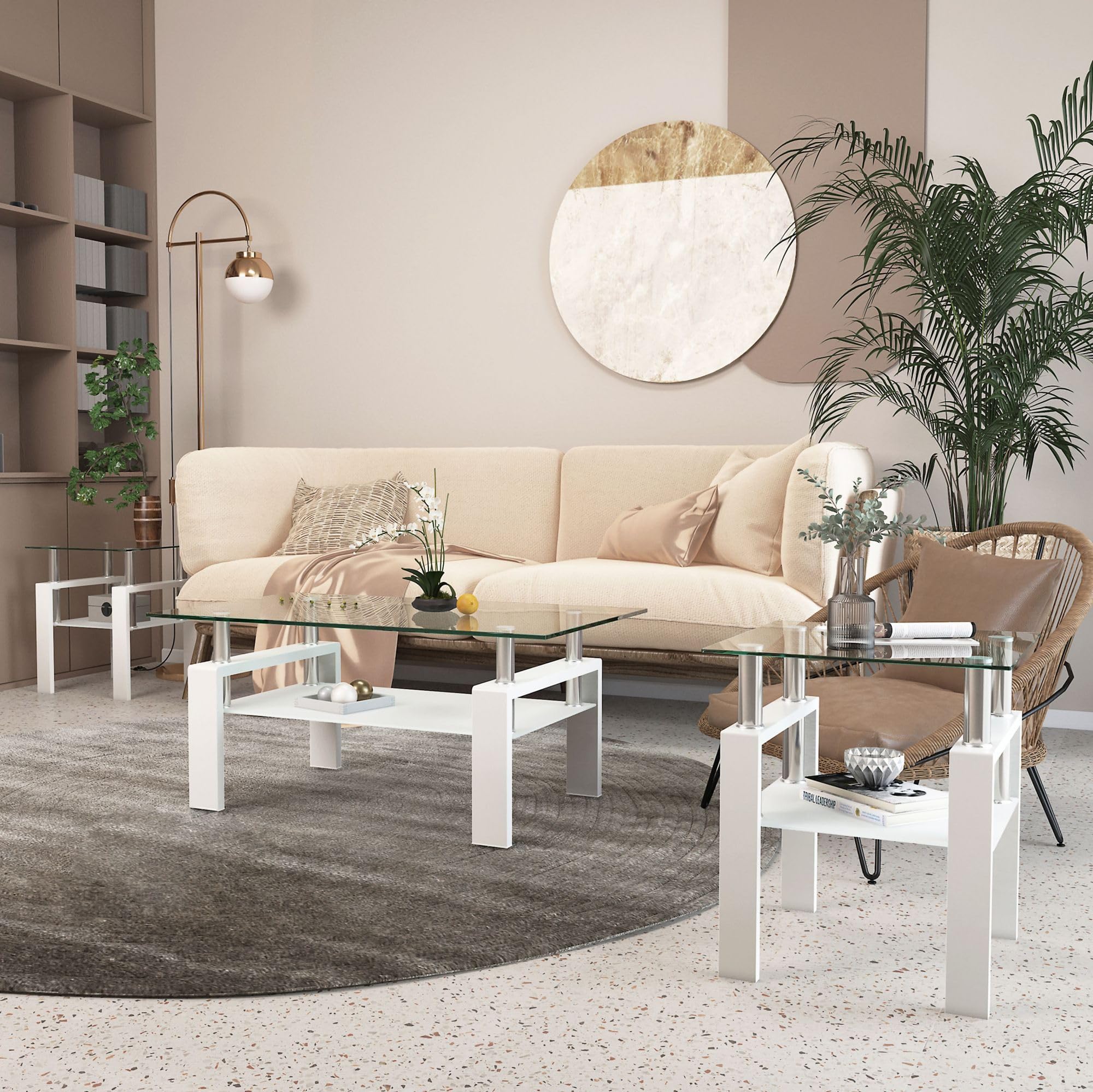 IANIYA Modern 3-Piece Tempered Glass Coffee Table Set - White Sleek Design Living Room Furniture with High Capacity - Perfect for Small Spaces, Apartments & Contemporary Home Decor