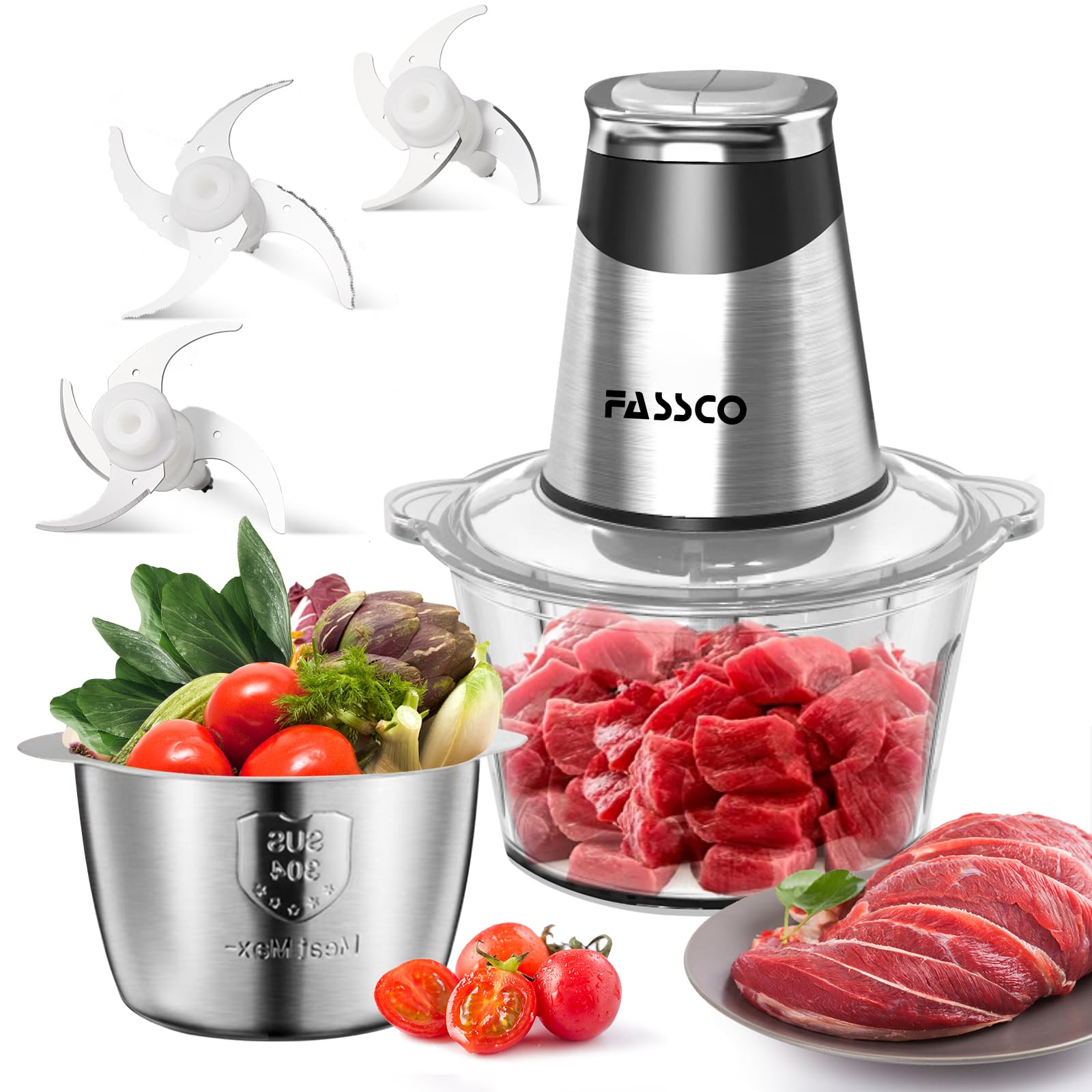 400W Electric Food Processor & Meat Grinder with 2 Bowls (8 Cup+5 Cup) - 3 Bi-Level Blades for Chopping Meat, Vegetables, Nuts & Making Baby Food, Salad, Ice Cubes - Perfect for Kitchen, Meal Prep & Healthy Cooking