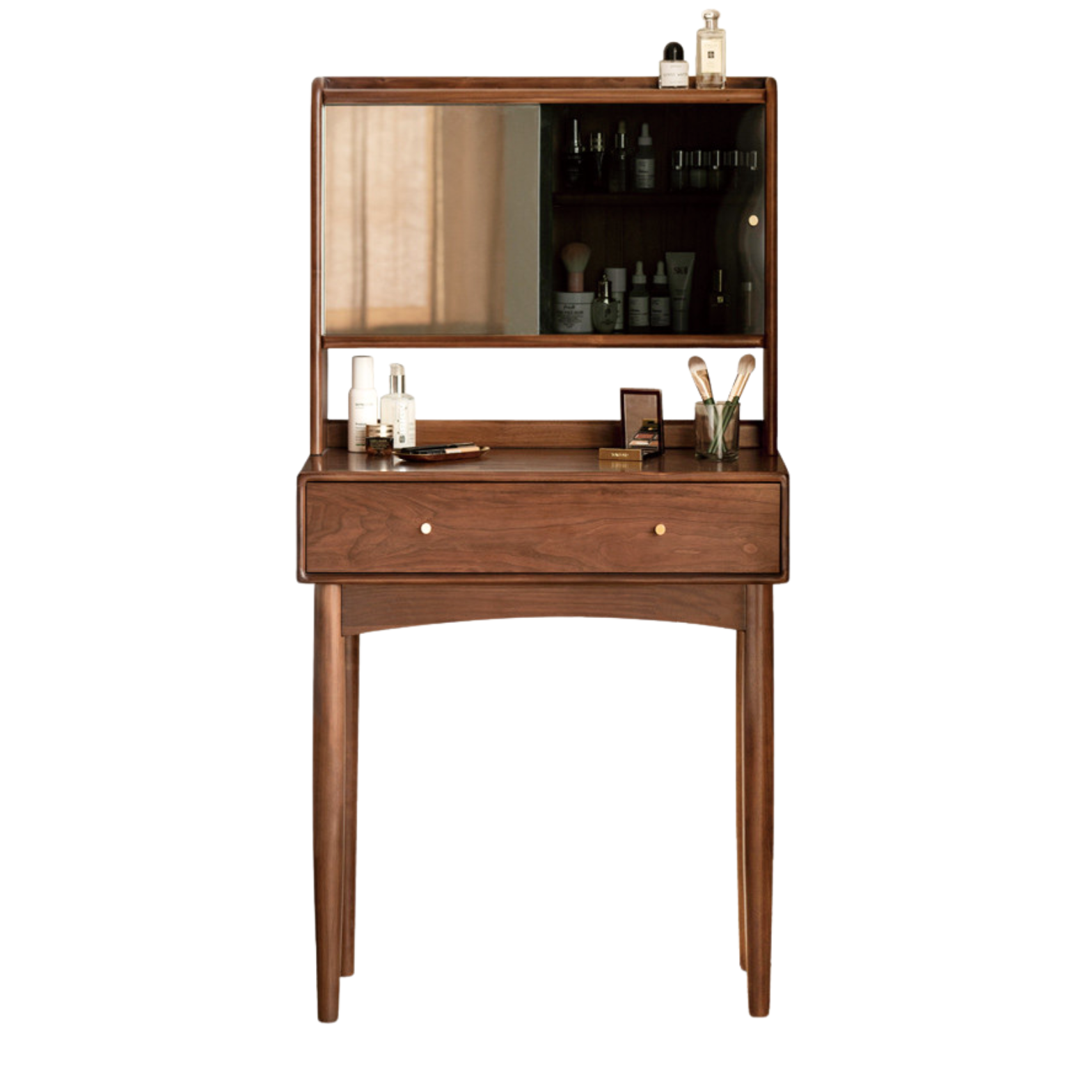 Solid Black Walnut Wood Mirror Dressing Table with Storage | Makeup Vanity Desk for Bedroom | Elegant Bedroom Furniture & Cosmetics Organizer