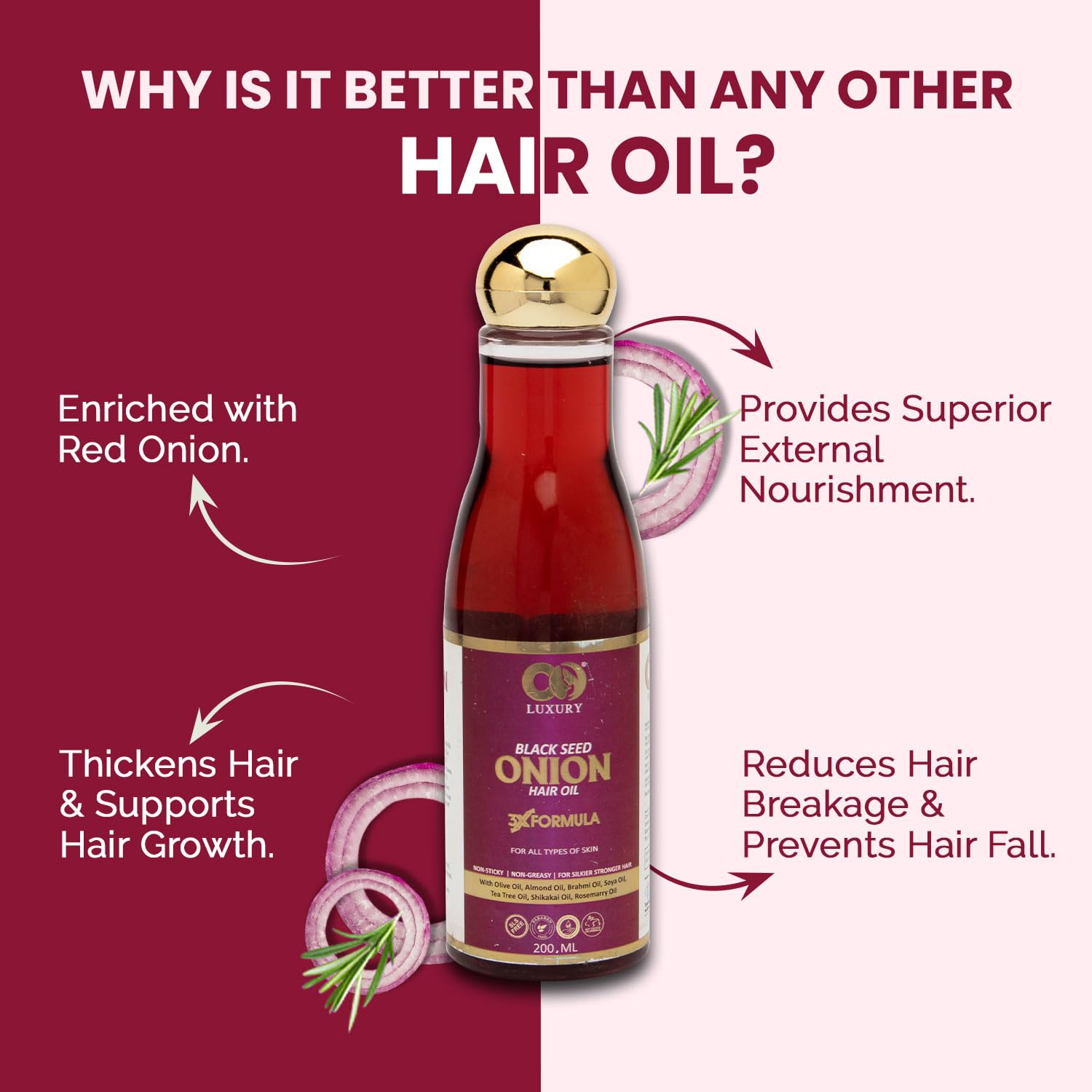 CO LUXURY Onion Hair Oil for Hair Growth & Hair Fall Control - Ayurvedic Oil with 15 Herbs for Stronger, Longer Hair | Chemical-Free, Non-Sticky Formula (200ml) | Perfect for Daily Hair Care & Scalp Massage