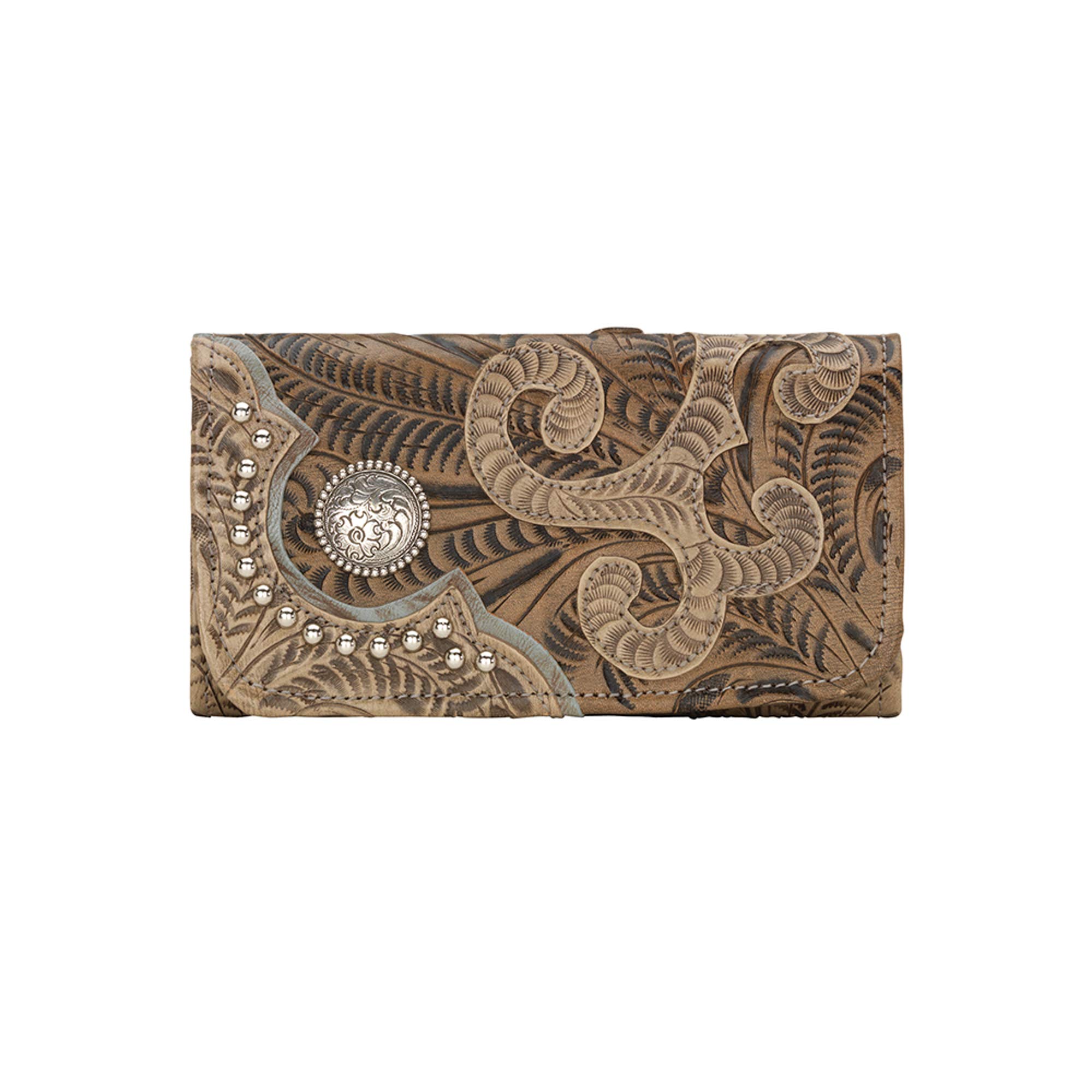 American West Women's Hand Tooled Tri-Fold Leather Wallet - Sand Color One Size - Perfect for Everyday Use, Travel & Western Style Fashion