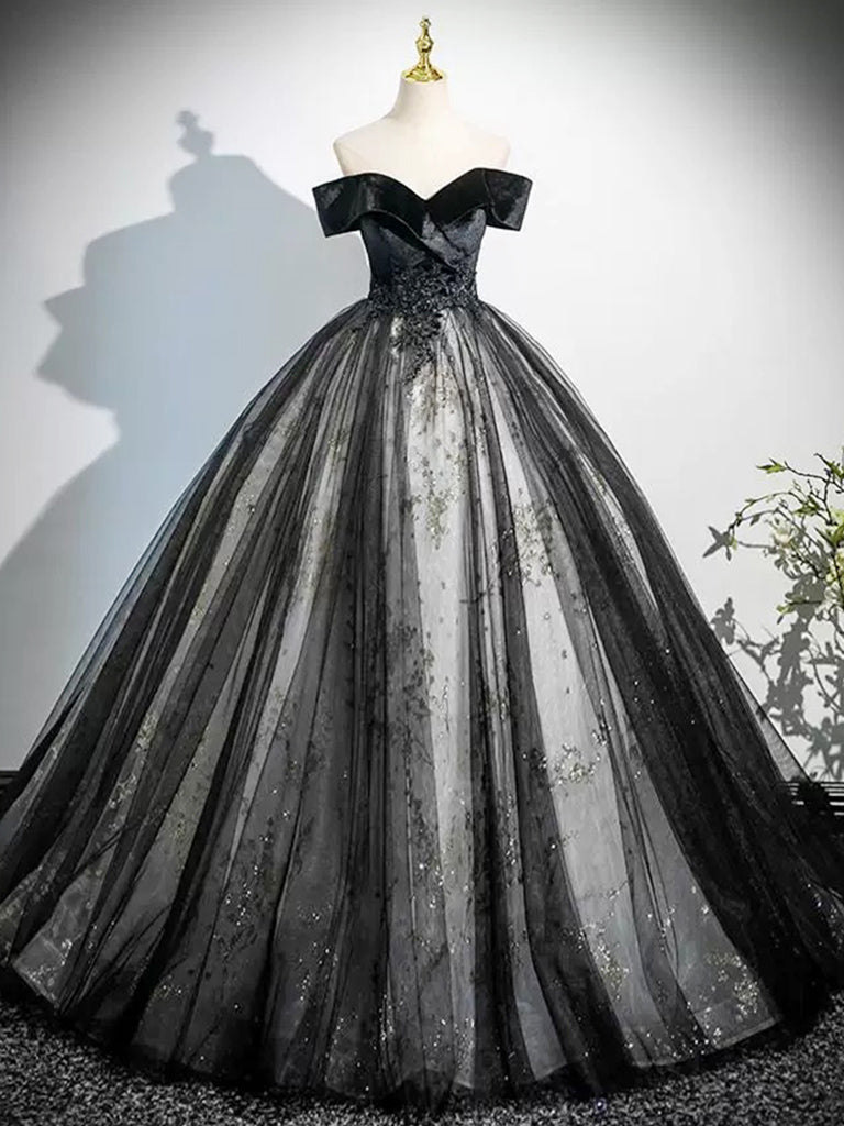 Elegant A-Line Off Shoulder Tulle Lace Black Long Prom Dress - Formal Evening Gown for Homecoming, Wedding & Special Occasions