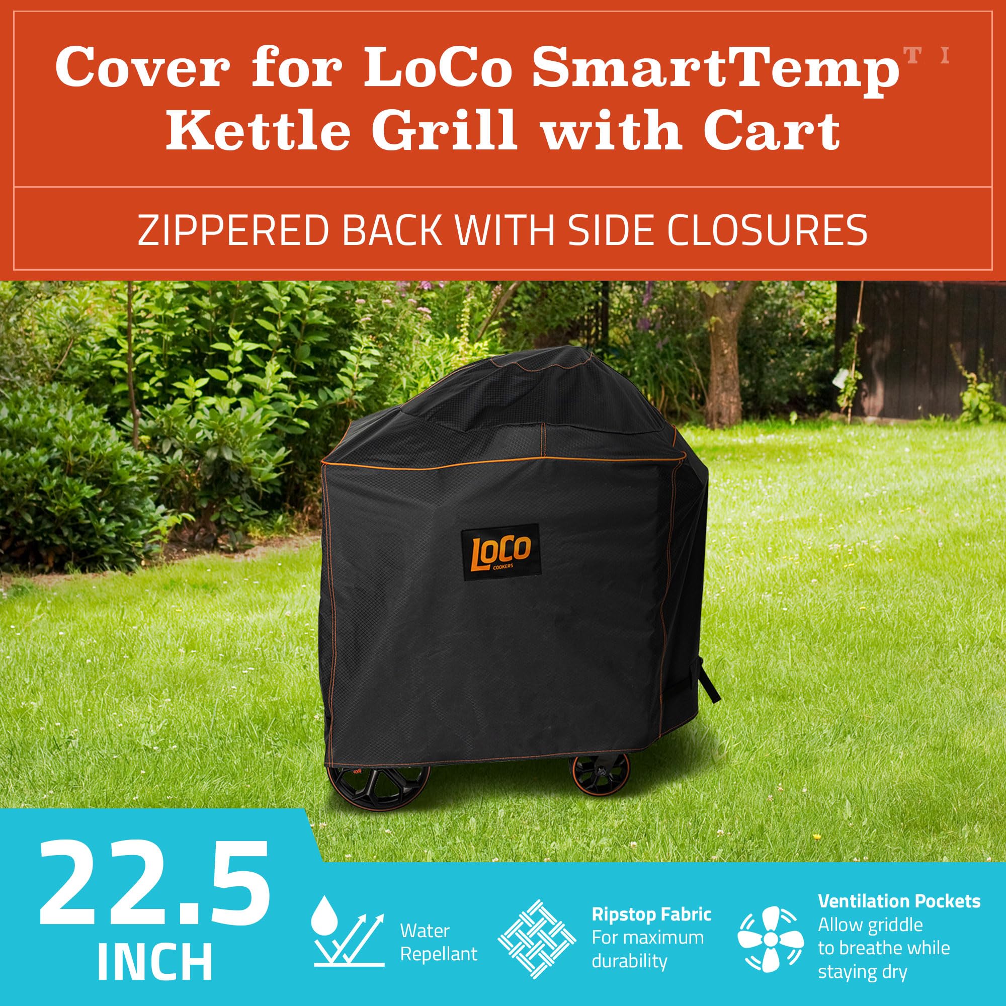 LoCo Cookers BBQ Kettle Grill Cover - Heavy Duty 22.5 Inch Waterproof Outdoor Grill Cover for Weber Charcoal Grills - Durable Black Fabric Protector for Patio, Backyard & Camping Use