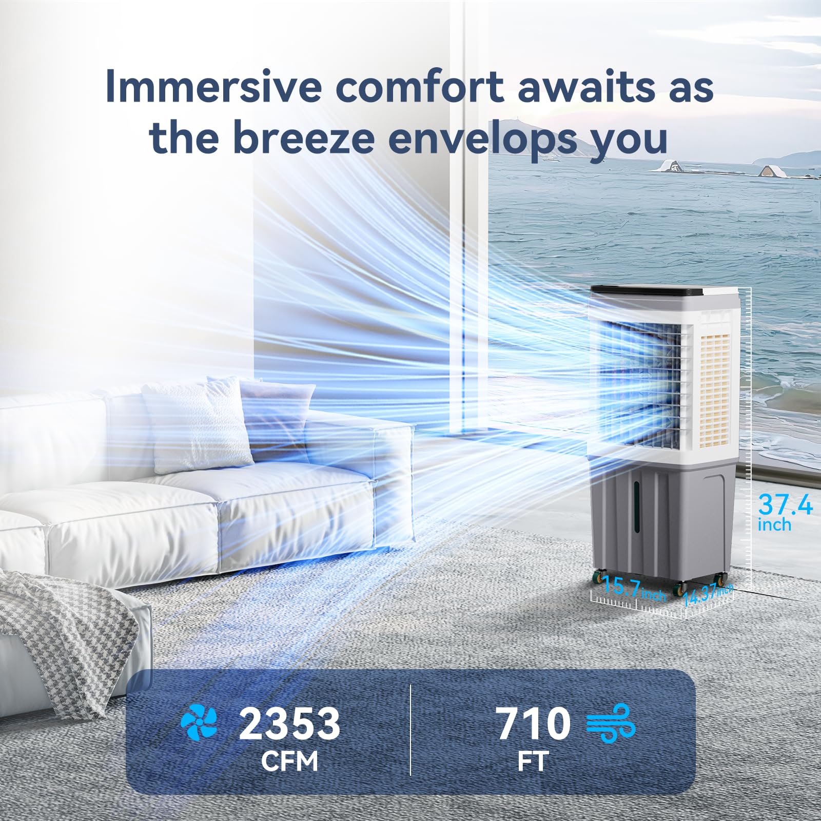 3-IN-1 Portable Evaporative Air Cooler with 2353 CFM - 9.2 Gallon Water Tank Swamp Cooler - Remote & Touch Control - 90°+120° Oscillation - Indoor Outdoor Air Cooling Fan for Home, Office, Patio, and Camping