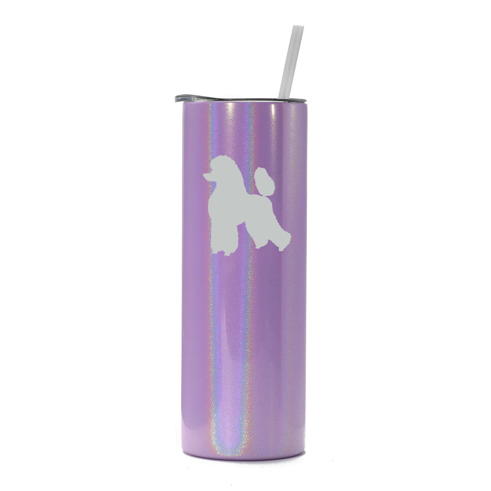 20 oz Skinny Tall Stainless Steel Vacuum Insulated Tumbler with Straw - Purple Iridescent Glitter Poodle Design - Leakproof Travel Mug for Coffee, Tea & Cold Drinks - Perfect for Office, Commuting & Outdoor Activities