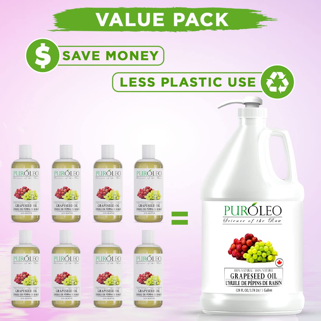 100% Pure Grapeseed Oil 128 Fl Oz (1 Gallon) - 3784ml Natural Moisturizer & Carrier Oil for Massage, Hair Care, Skin & Baby | Packed in Canada | Perfect for Aromatherapy, DIY Beauty & Cooking