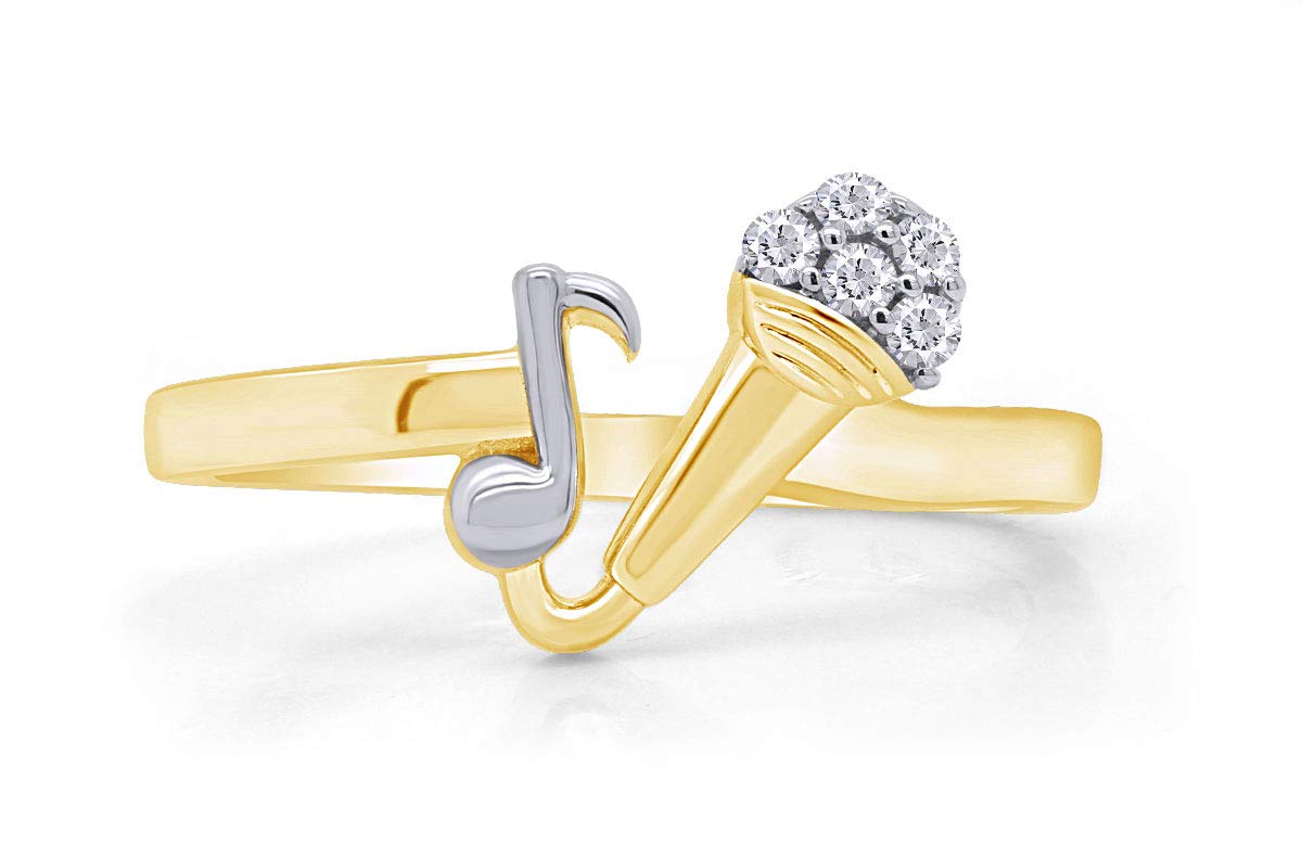 Round White Natural Diamond Accent Mic & Music Note Two Tone Ring - Elegant Jewelry for Musicians, Singers & Music Lovers - Perfect Gift for Performances, Concerts & Special Occasions
