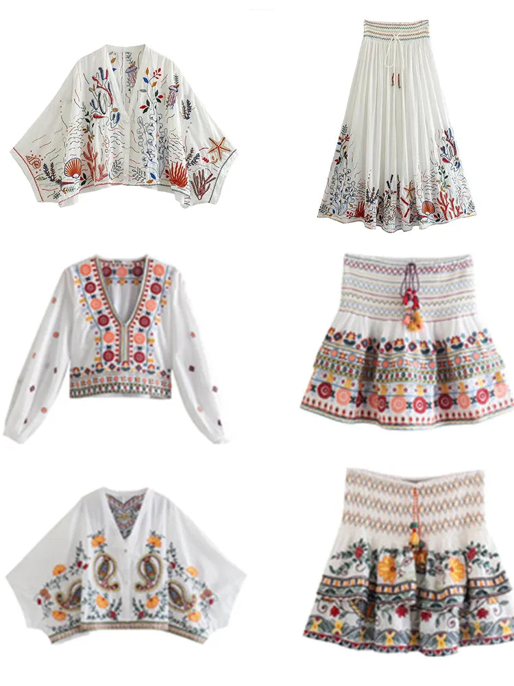 Vintage Batwing Sleeve Women's Autumn Outfit Set - Floral Embroidery Paisley Print V-Neck Button Down Tiered Mini Skirt Dress Suit for Fall Fashion, Date Nights & Boho Chic Style