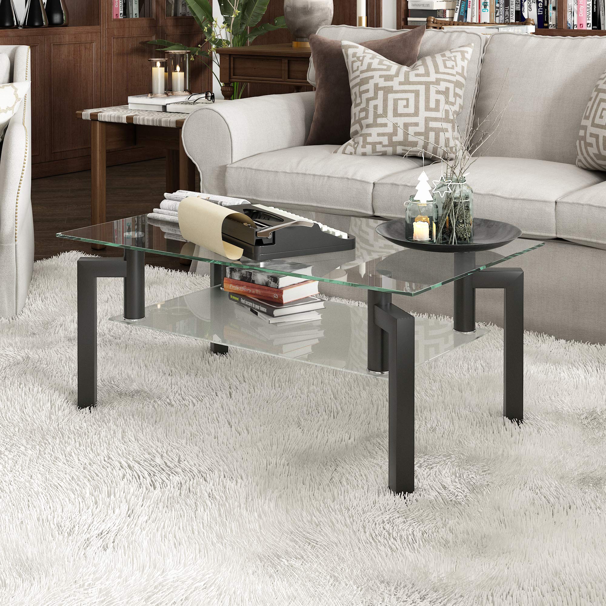 IANIYA Black Rectangle Glass Coffee Table with Tempered Metal Tube Legs - Modern Living Room Furniture for Home Decor & Entertainment