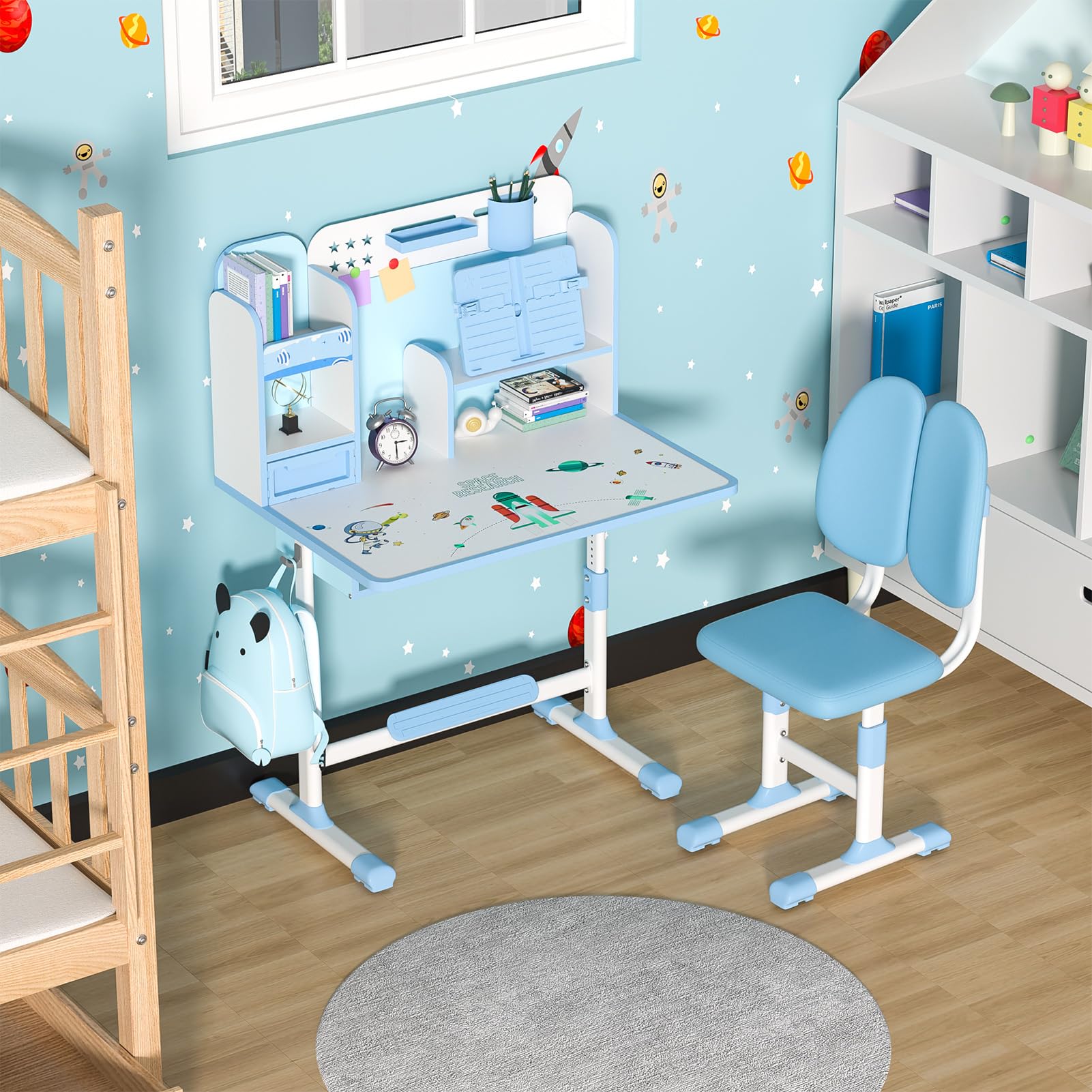 Adjustable Kids Desk and Chair Set - Ergonomic Study Table for Children with Drawer, Bookstand & Foot Pedal - Blue School Furniture for Boys & Girls - Perfect for Homeschooling, Online Learning & Bedroom Study Space