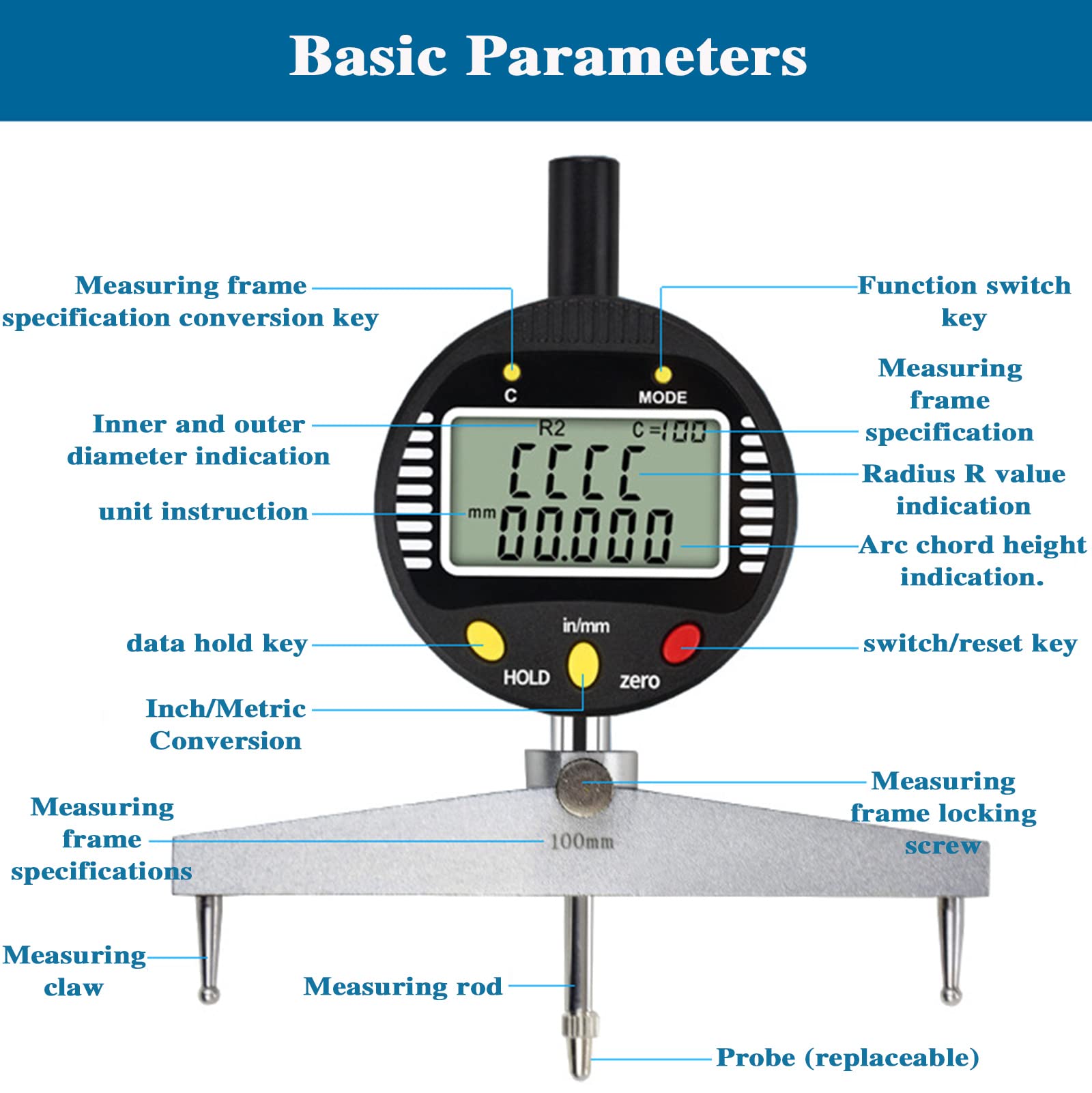 High Precision Digital Radius Gauge - Electronic Radius Indicator Tool for Measuring 0.2