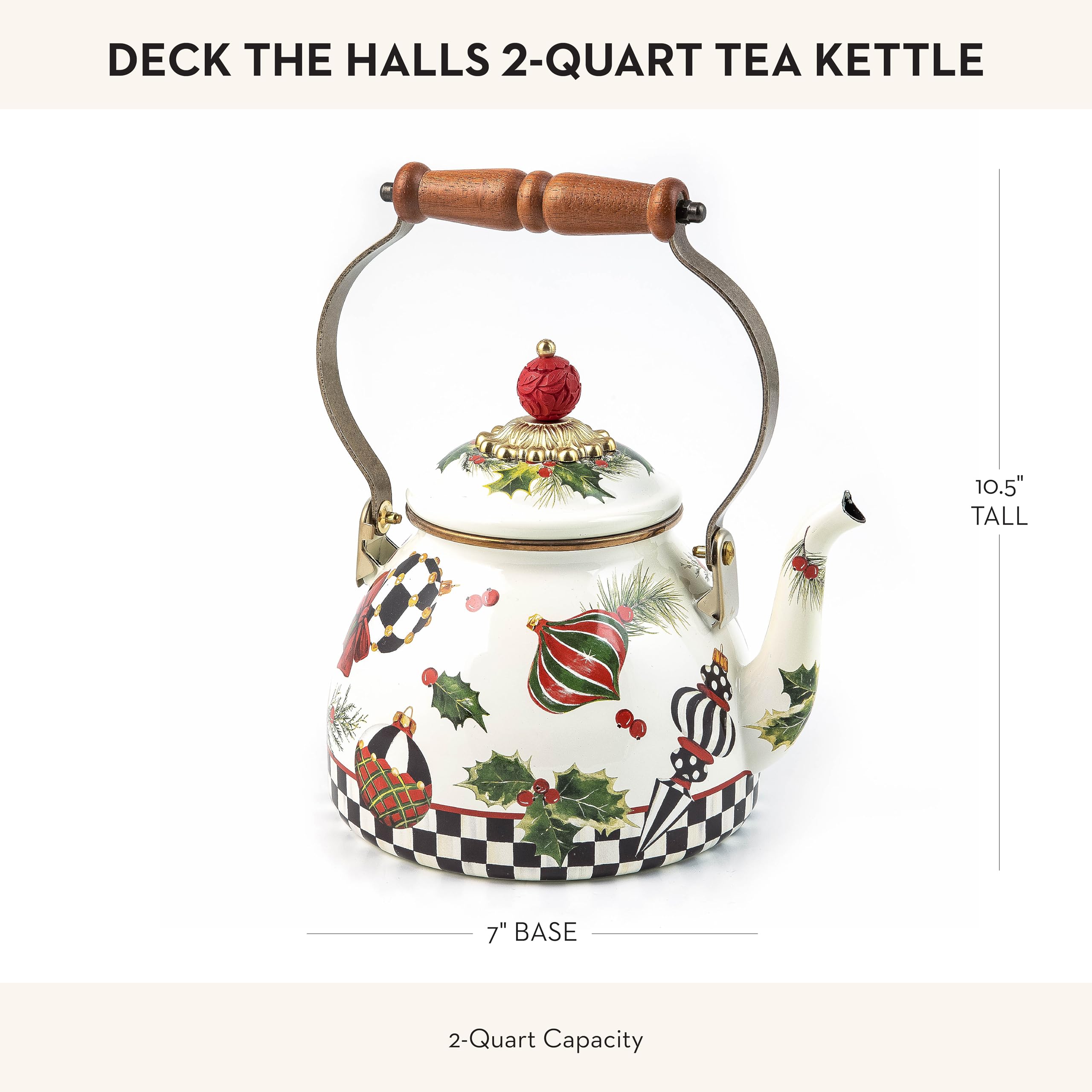 MACKENZIE-CHILDS 2-Quart Christmas Enamel Tea Kettle - Stovetop Holiday Decor & Cozy Kitchen Gift for Tea Lovers - Perfect for Festive Gatherings & Winter Home Decor