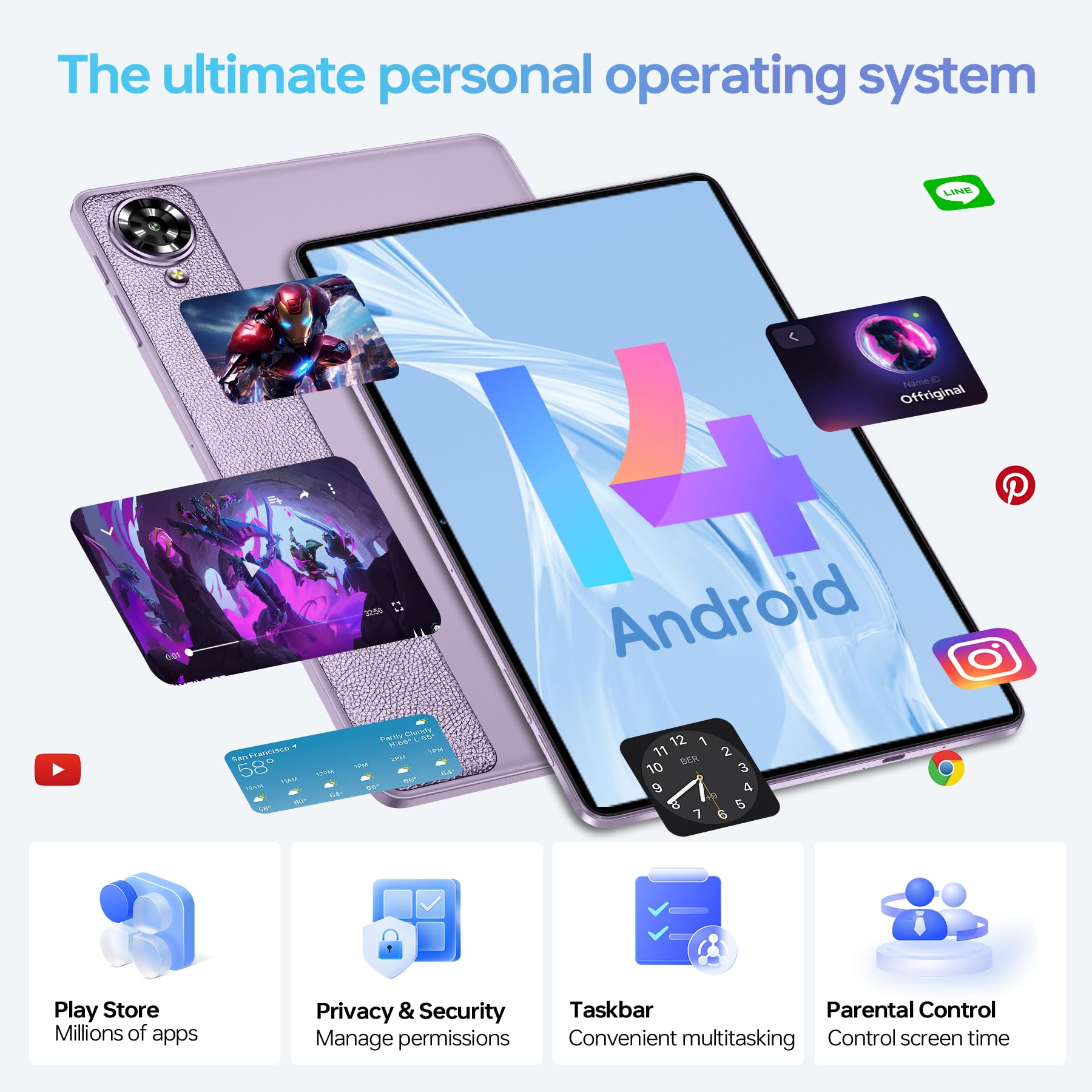 OUKITEL OT11 11 Inch 2K Android 14 Tablet - 16GB RAM 128GB Storage (Expandable to 1TB), 8000mAh Battery Octa-Core Gaming Tablet with 4G LTE Dual SIM, Widevine L1, GPS, TÜV Certified, 13MP Camera & 5G WiFi - Purple | Perfect for Work, Gaming & Streaming