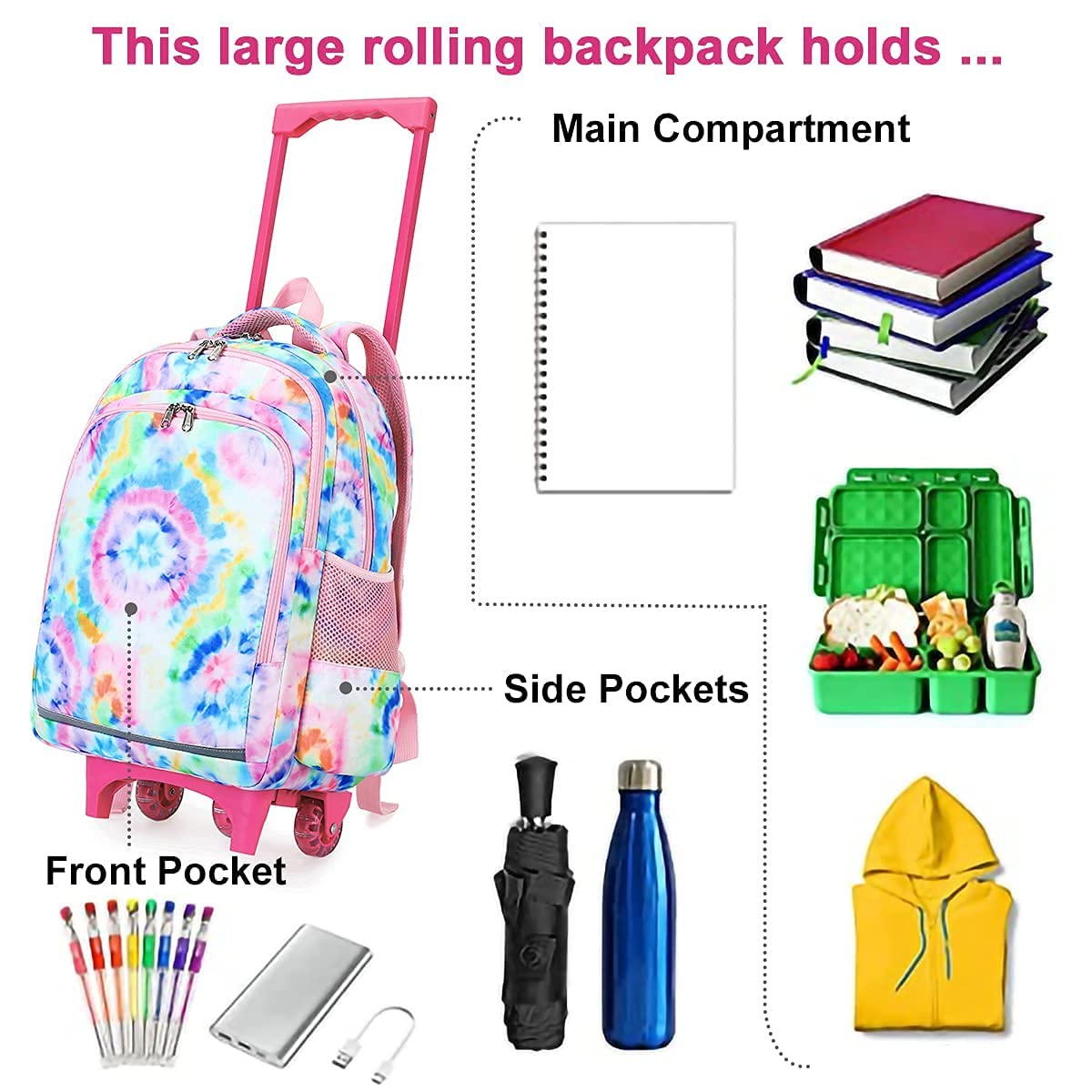 **CAMTOP 18 Inch Rolling Backpack for Girls - Wheeled School Backpack with Handle, Tie Dye Travel Luggage for Kids - Perfect for School, Travel & Weekend Trips**
