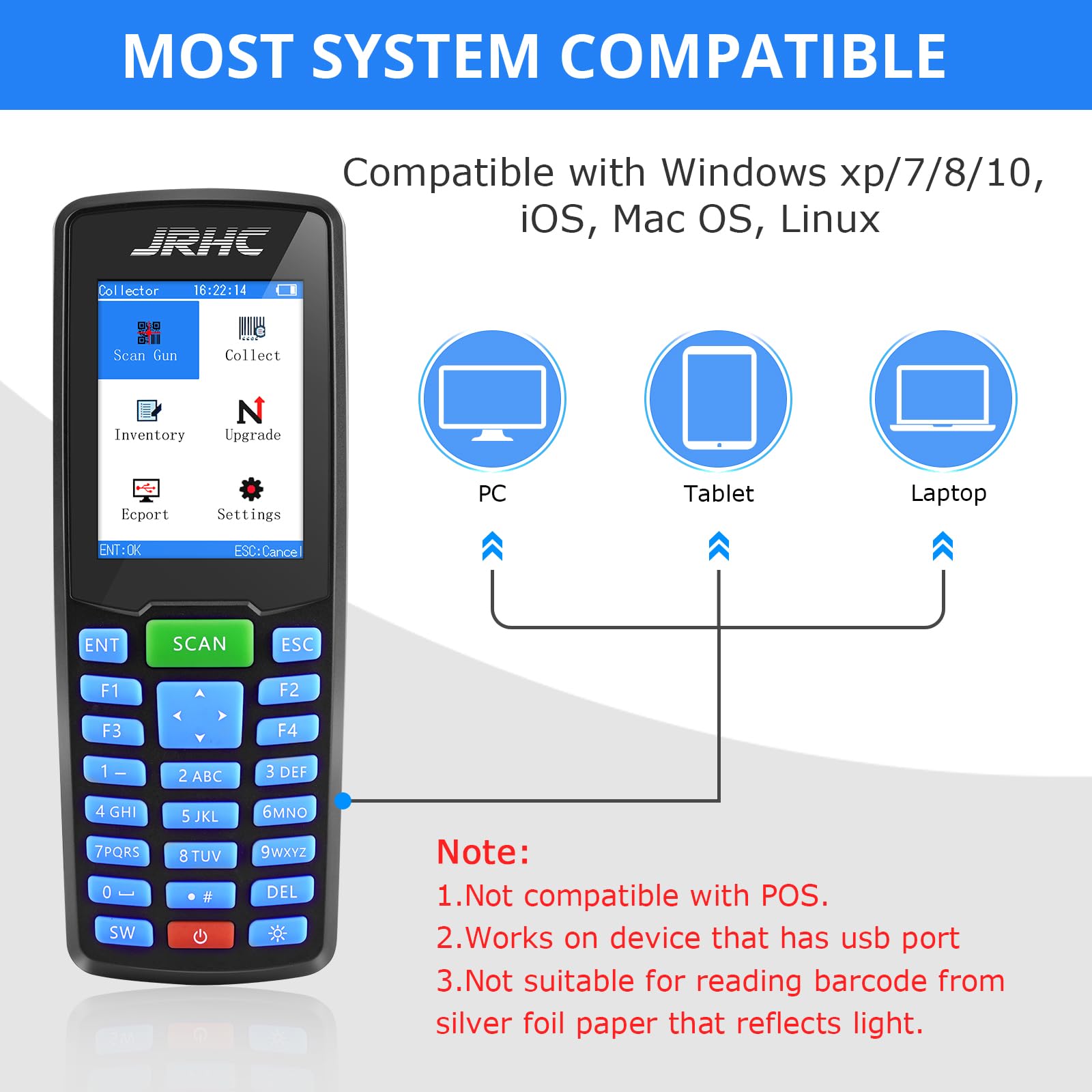 JRHC 1D 2D Wireless Barcode Scanner - Portable Inventory Management Device with 2.8