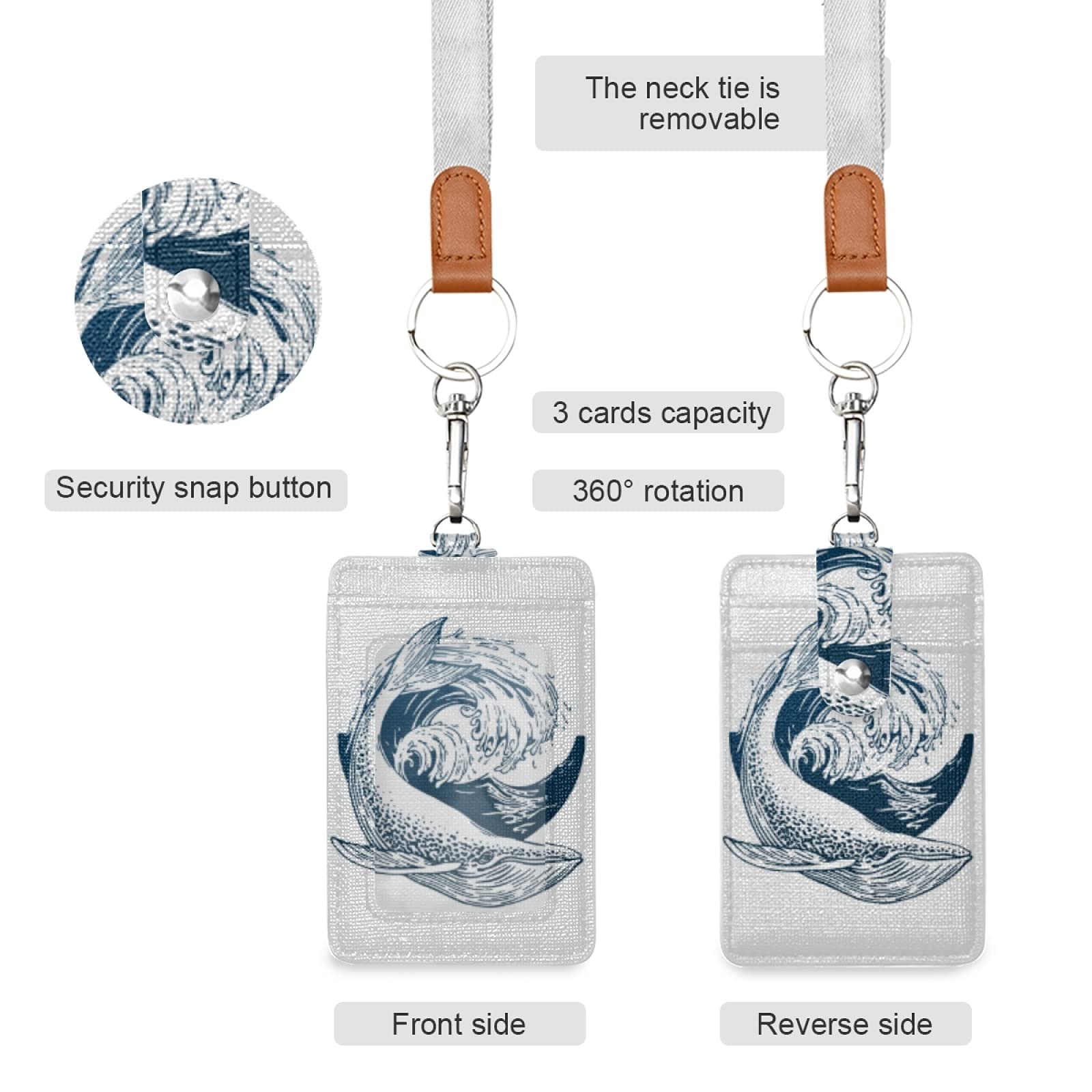 Wave & Whale Vertical Leather ID Badge Holder with Lanyard - Office & School Staff Use