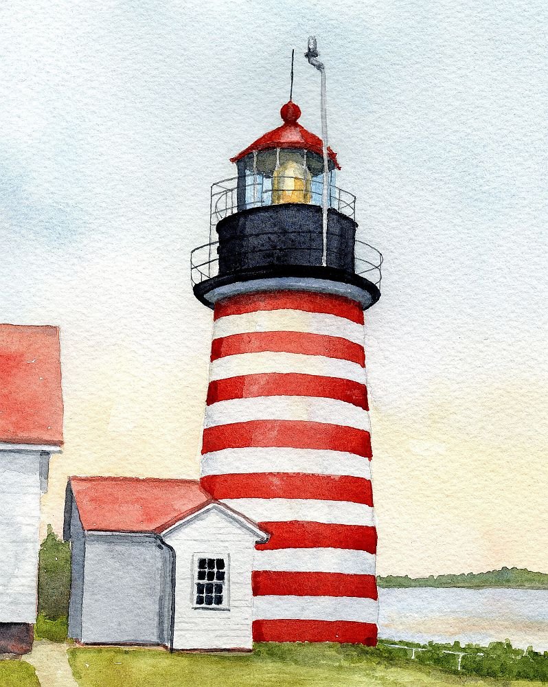 West Quoddy Head Lighthouse Lubec Maine Watercolor Art Print - 8x10 Matted Wall Decor - Coastal Home Decor, Office Art, New England Travel Souvenir