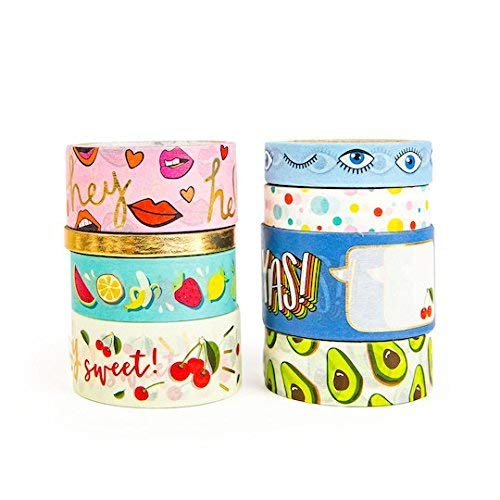 Cheeky Modern Pop Yas Washi Tape Set - 9 Spools Colorful Decorative Paper Tapes for Scrapbooking, Journaling, Gift Wrapping & DIY Crafts