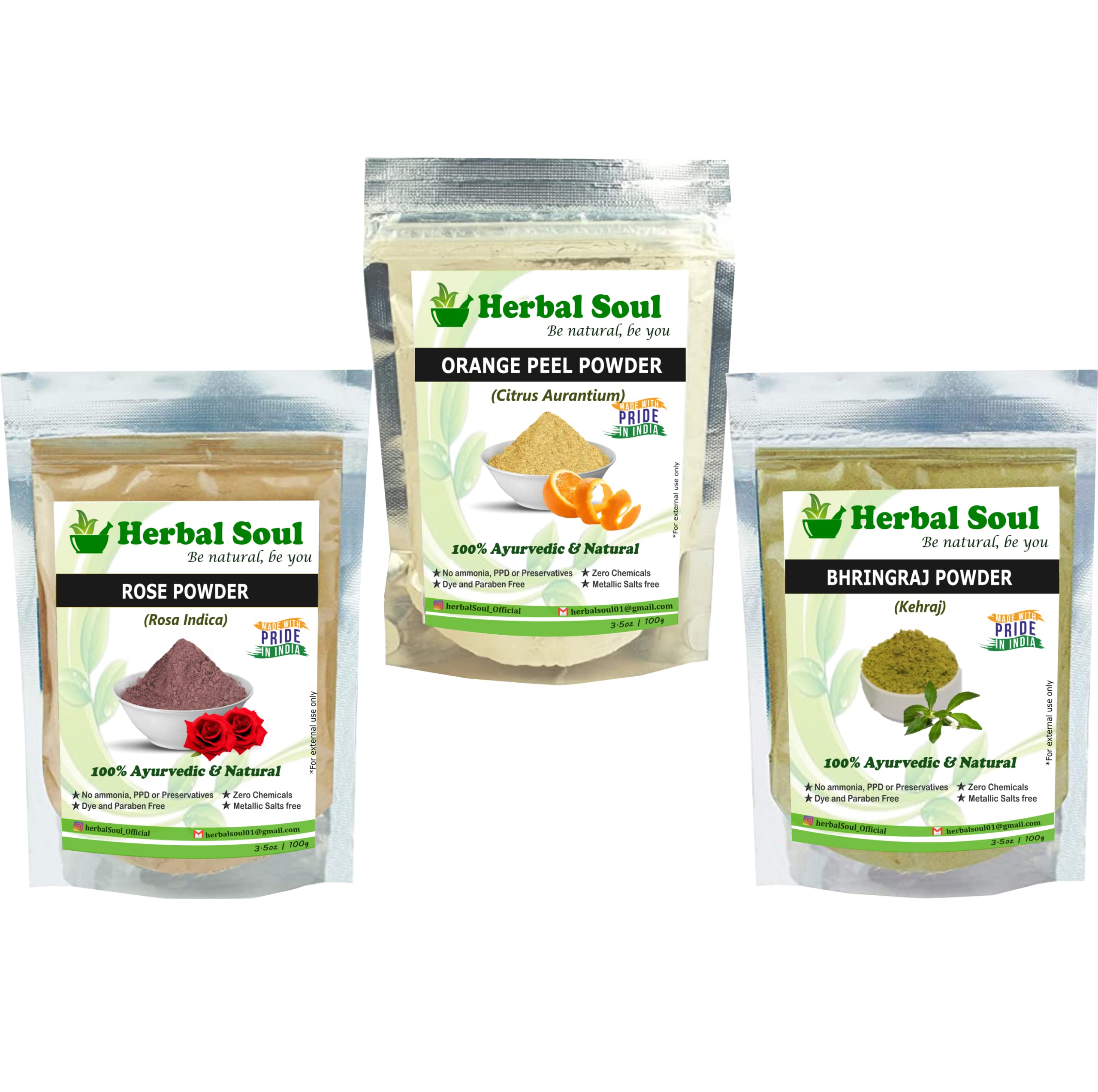 Organic Herbal Powder Combo - Rose, Orange Peel & Bhringraj (300g) for Hair Growth & Skin Care | Natural Ayurvedic Beauty Treatment for DIY Face Masks & Hair Packs