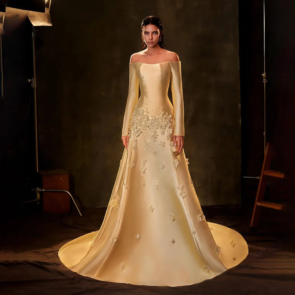 Luxury Dubai Arabia Yellow A-Line Satin Applique Evening Gown for Women - Formal Occasion Wedding Prom Party Dress LA72833 | Elegant Ball Gown for Special Events & Red Carpet