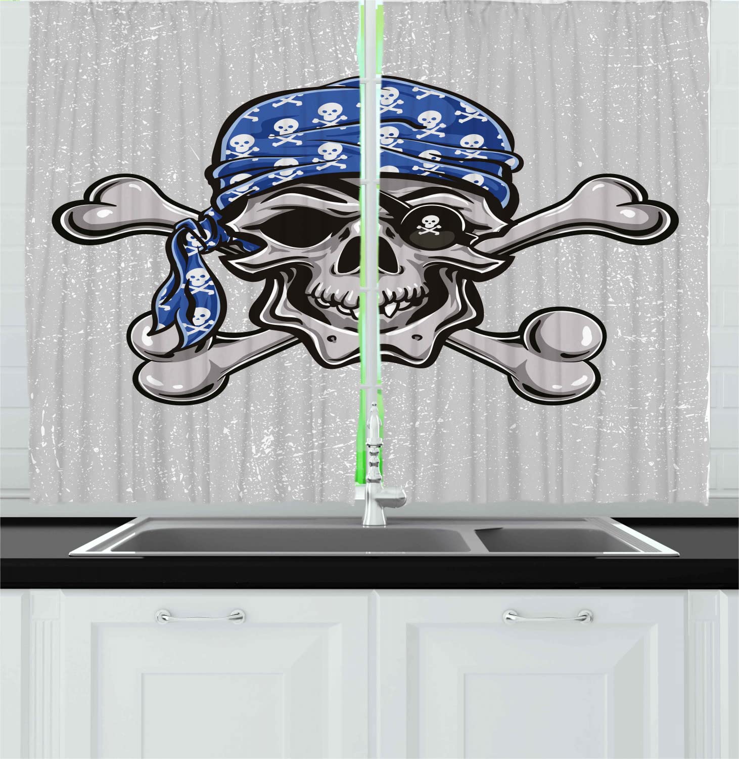 Ambesonne Skull Kitchen Curtains - Pirate Grunge Horror Design with Crossed Bones, 2 Panels with Rod Pocket, 55