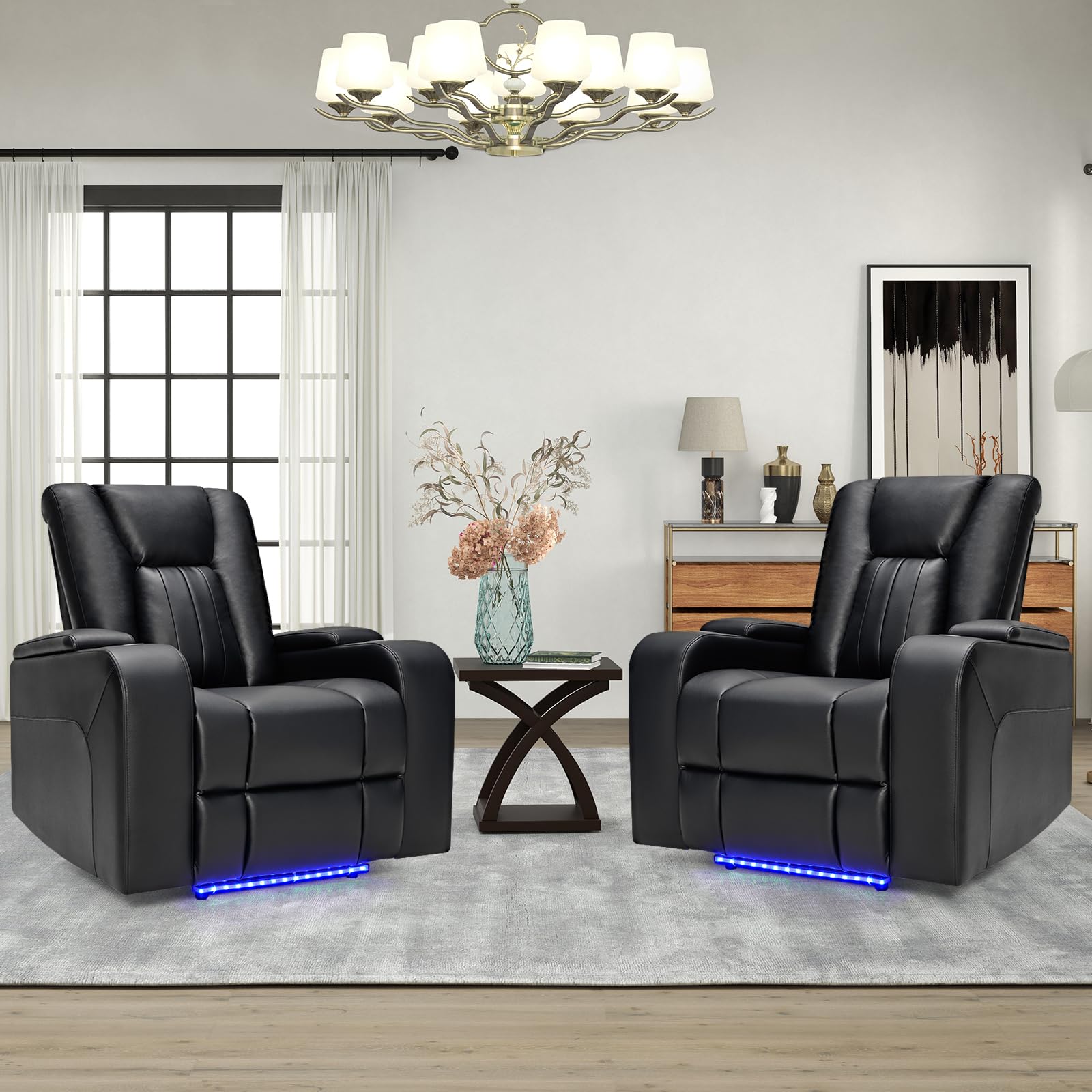 ANJ Power Recliner Chairs Set of 2 - Black Leather Theater Seating with LED Lights, Cup Holders & USB Ports - Perfect for Home Theater, Living Room & Game Room Relaxation
