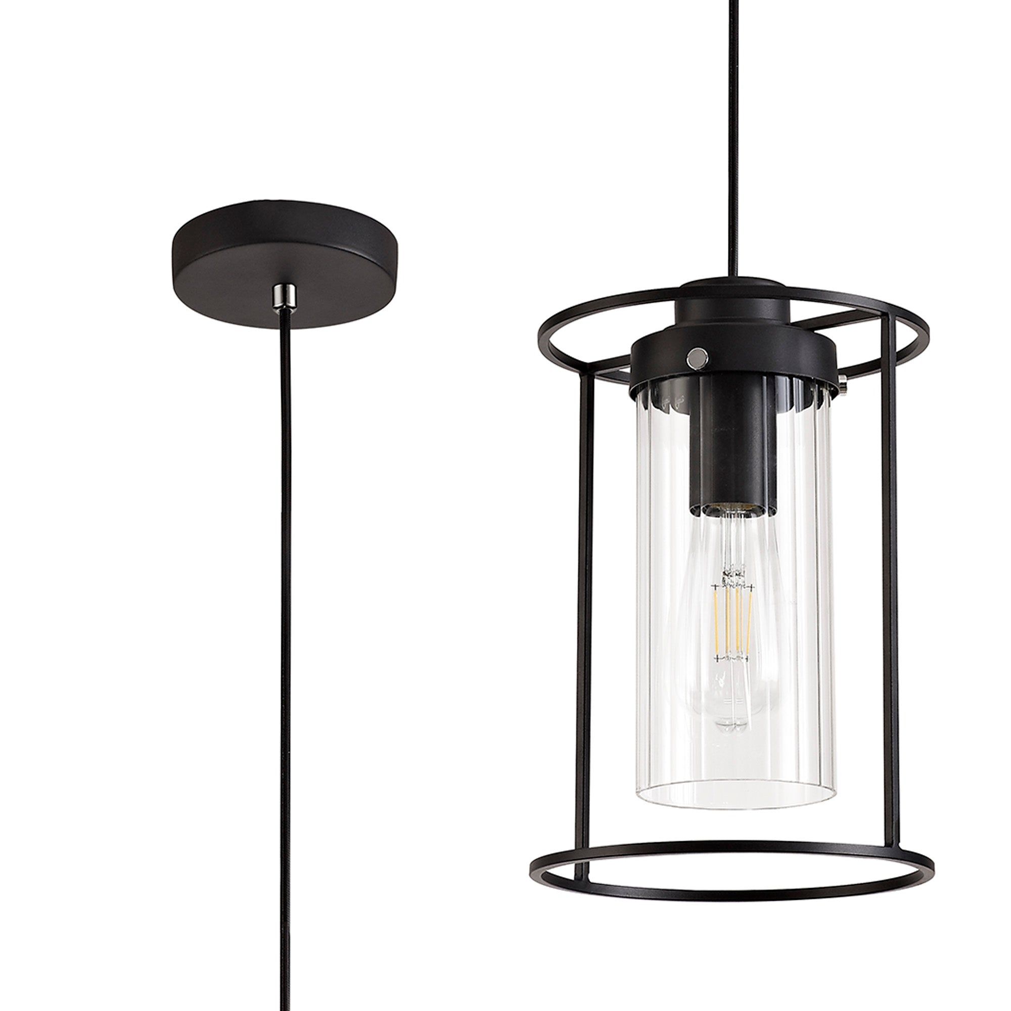 Beres Single Pendant Light Fixture - E27 Socket, Black & Clear Glass Shade - Perfect for Kitchen Island, Dining Room or Bedroom Lighting