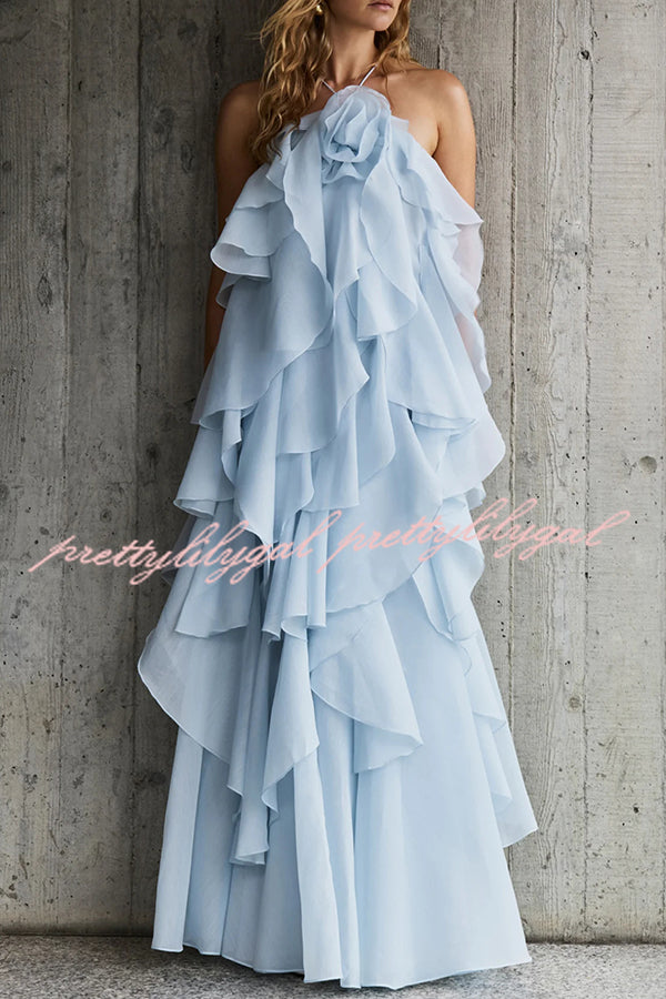 Elegant Free Flowing Rose Detail Tiered Ruffles Halter A-Line Maxi Dress for Women | Perfect for Weddings, Parties & Summer Vacations