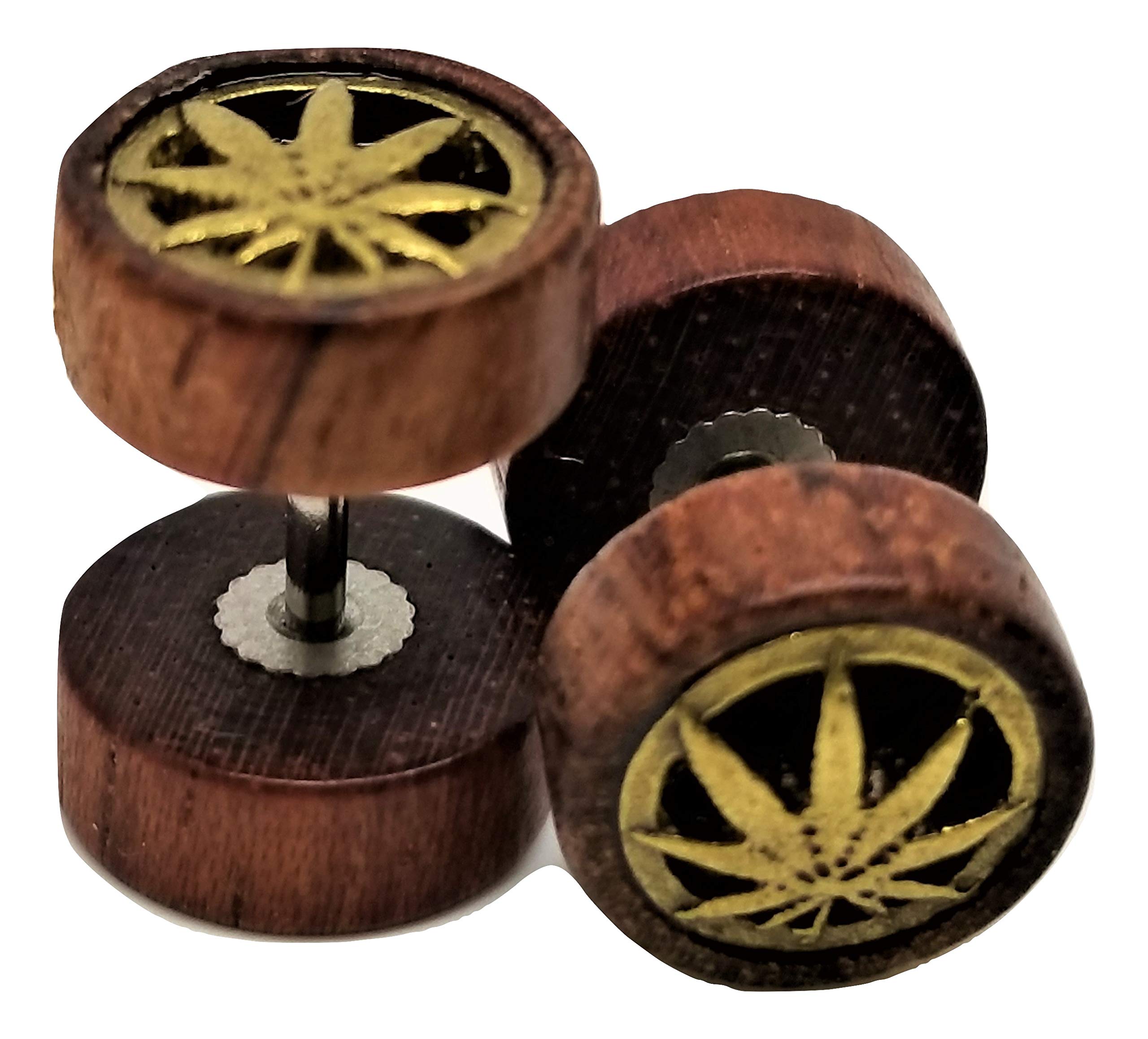Organic Wooden Stud Earrings with Metal Pot Leaf Emblem - New Pair - Perfect for Hippie, Festival & Boho Fashion Accessories
