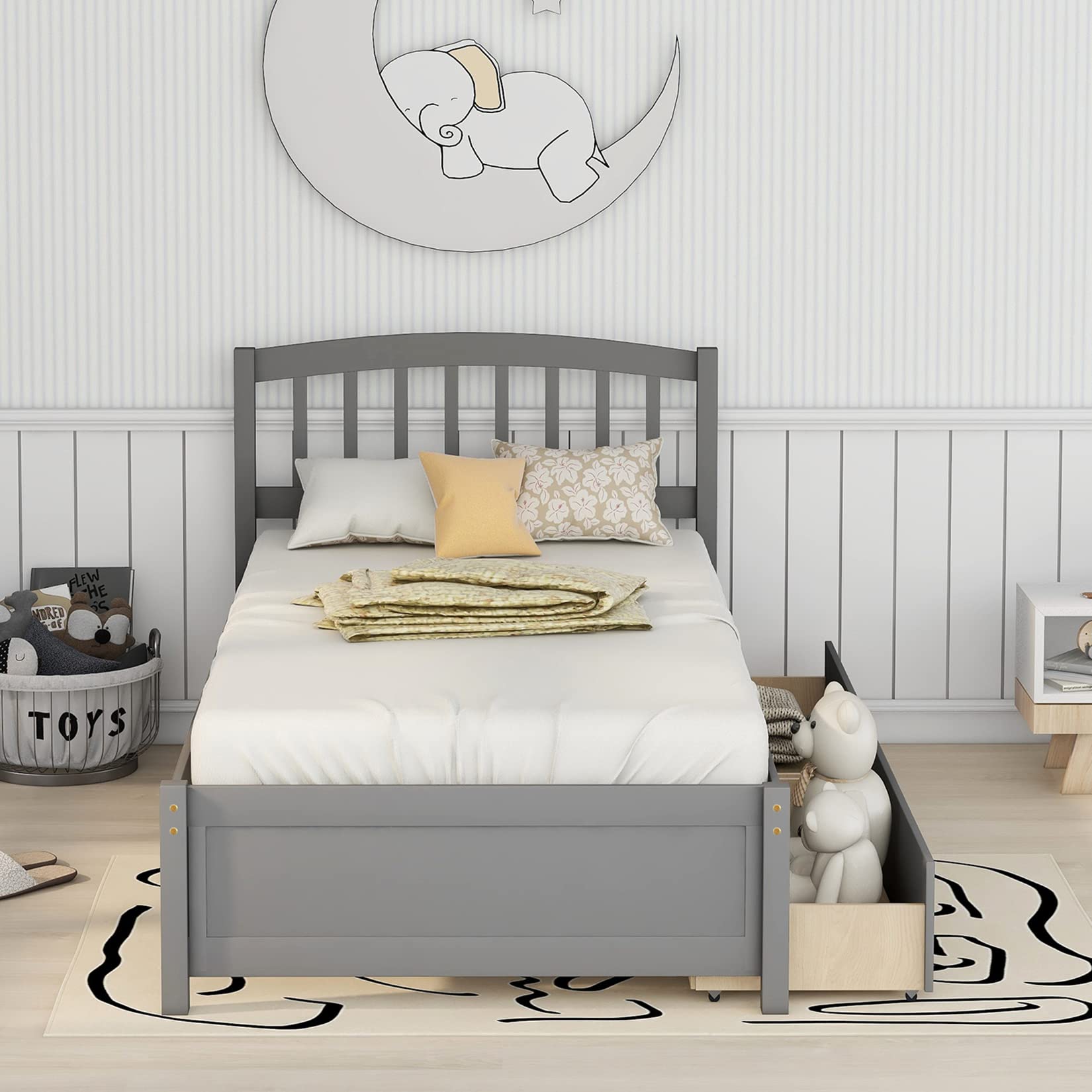 **Solid Wood Twin Size Platform Storage Bed Frame with Headboard & 2 Drawers - Gray - Space-Saving Bedroom Furniture for Small Rooms & Guest Rooms**