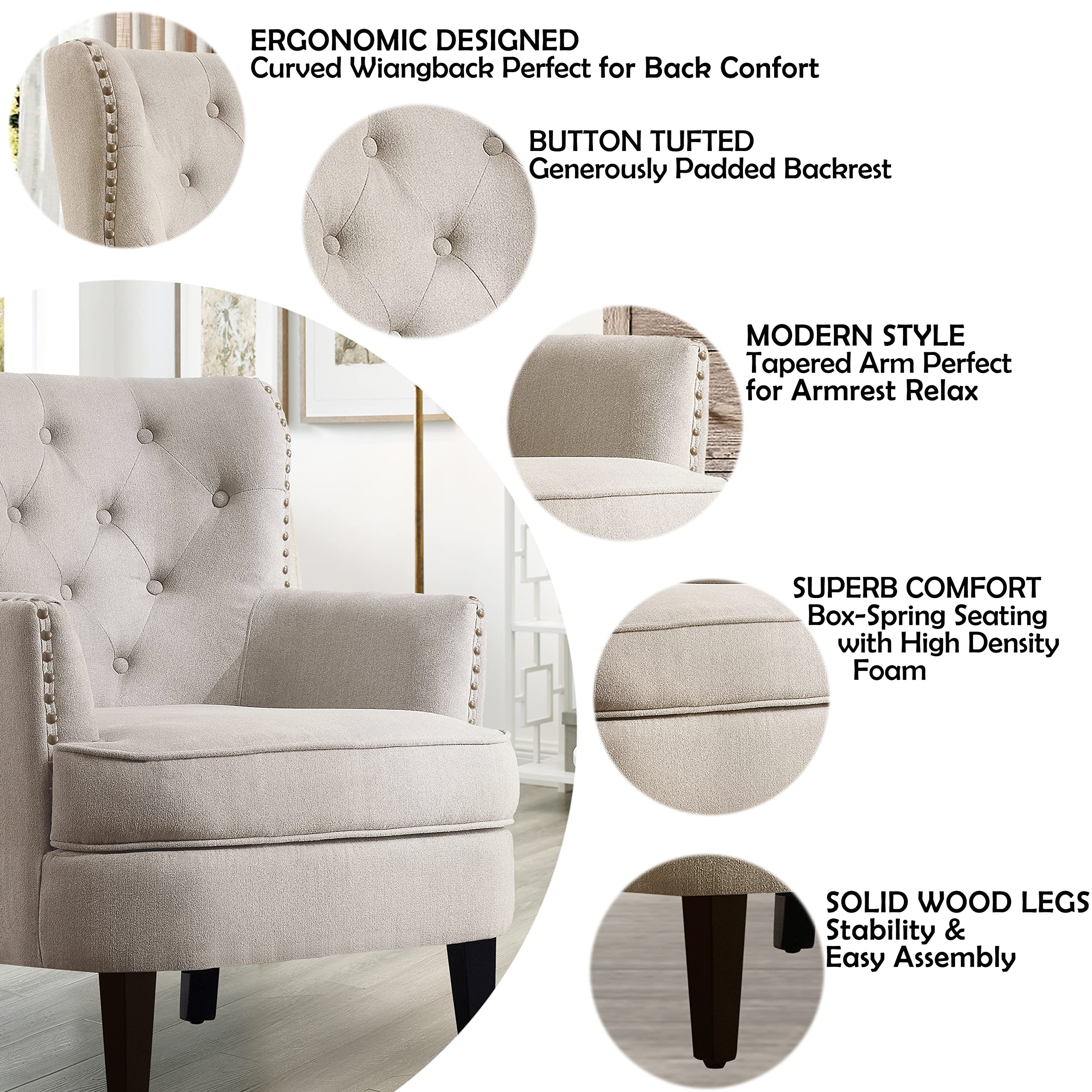 Rosevara Atlas Mid-Century Modern Accent Chair - Upholstered Lounge Armchair with Soft Cushion, Tufted Design for Living Room & Bedroom - Cozy Small Space Seating for Apartments, Reading Nooks & Home Offices