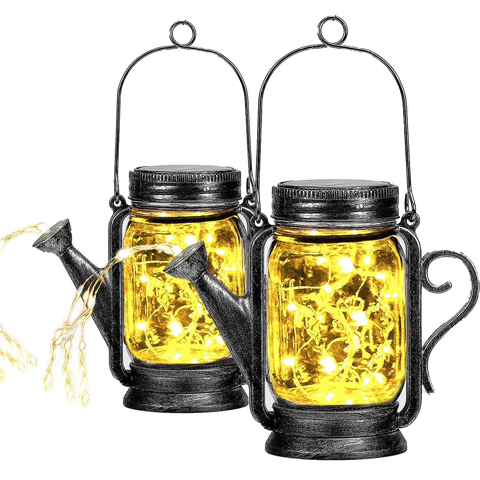 2 Pack Mason Jar Solar Lights with 25 LED String Lights - Watering Can Design for Garden, Patio, Terrace - Weatherproof Outdoor Decoration with Ground Plugs (Brown) | Perfect for Garden Parties, Walkway Lighting, and Backyard Decor Gifts