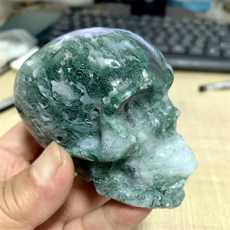 Natural Moss Agate Skull Carving - Healing Crystal Gemstone Sculpture for Home Decor, Meditation & Spiritual Healing (1PC) | Perfect for Yoga Spaces, Altars & Gift Giving
