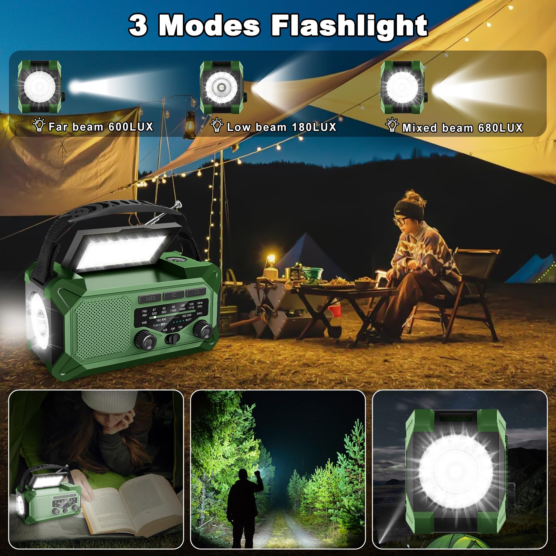 10000mAh Solar Emergency Weather Radio - Portable AM/FM/NOAA Radio with Hand Crank, LED Flashlight, Reading Lamp, Compass & Phone Charger - Perfect for Outdoor Camping, Hiking & Emergency Preparedness