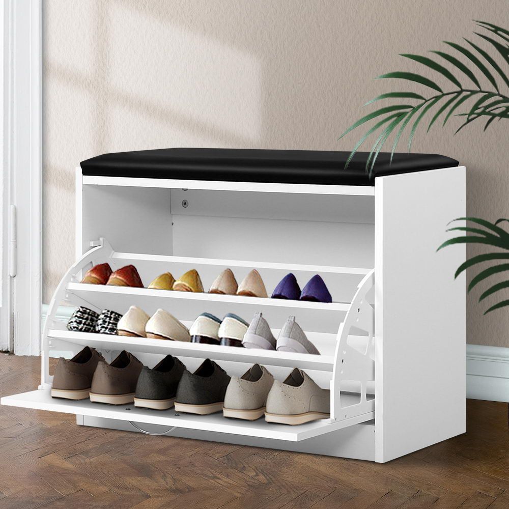 White Shoe Cabinet Bench with Drawers - 15 Pair Shoe Storage Organizer for Entryway, Bedroom, or Closet - Space Saving Shoe Rack with Seat