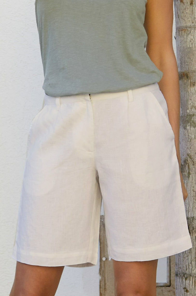 Alexandra Long Linen Shorts for Women | Natural High Waist Summer Beach Shorts | Comfortable Casual Wear for Vacation & Outdoor Activities