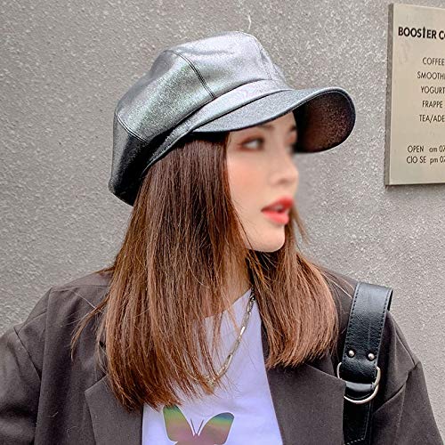 TWDYC Women's Fashion Shiny Leather Octagonal Newsboy Cap - Solid Color Winter Beret Hat for Artists & Painters (Color: F) | Perfect for Autumn/Winter Outfits, Art Studios & Creative Professionals