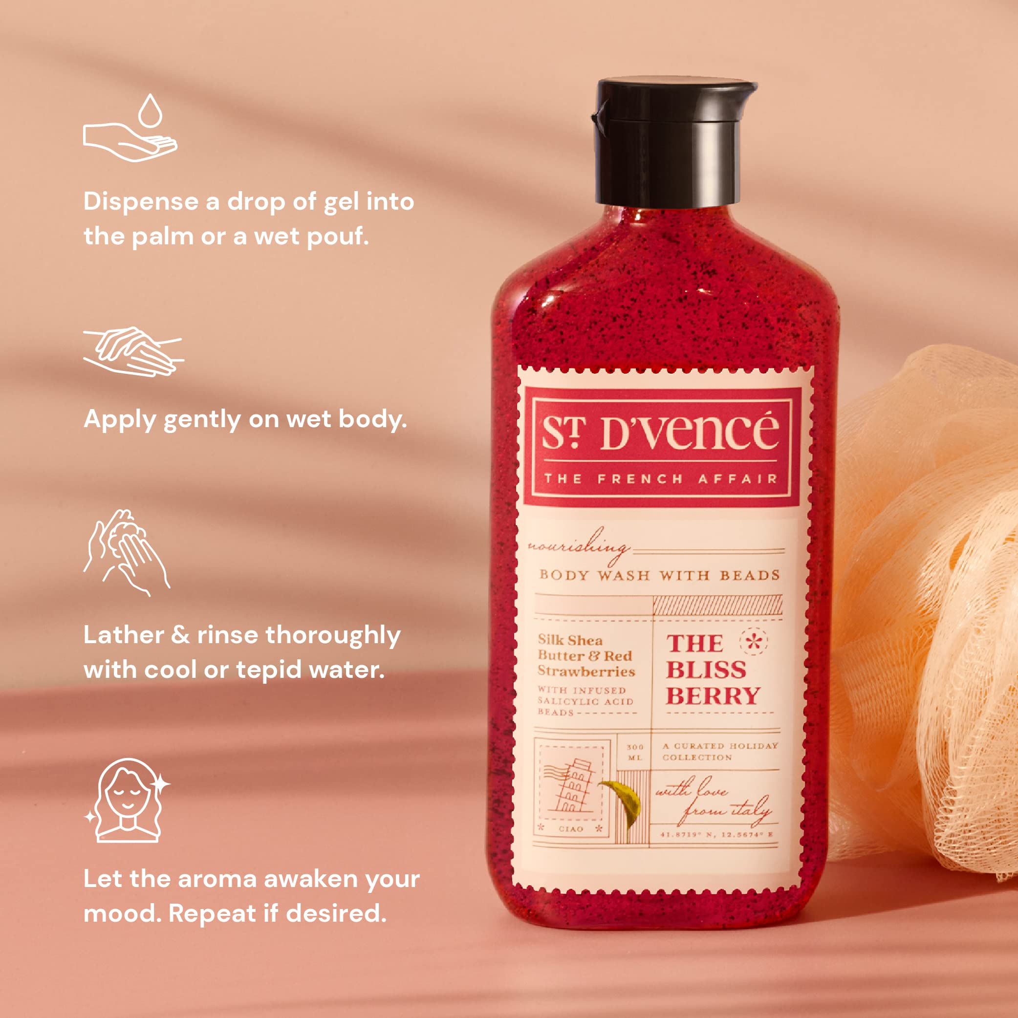 St. D'vence Bliss Berry Salicylic Acid Body Wash with Strawberry & Shea Butter - Exfoliating Shower Gel for Women & Men | Tan Removal, Paraben & SLS Free | 300ml | Perfect for Summer Skincare & Post-Sun Care