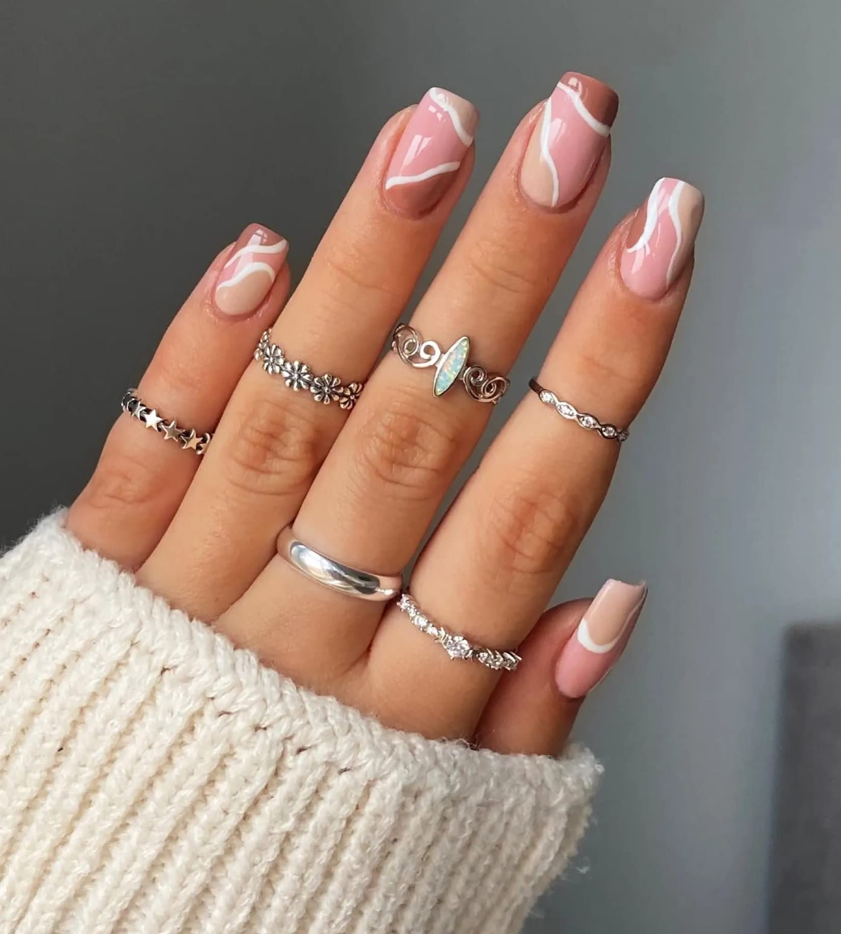 24 Pcs Short Press on Nails with Glue - Glossy Fake Nails for Women & Girls, Brown Nude French Design - Perfect for Parties, Weddings & Everyday Wear